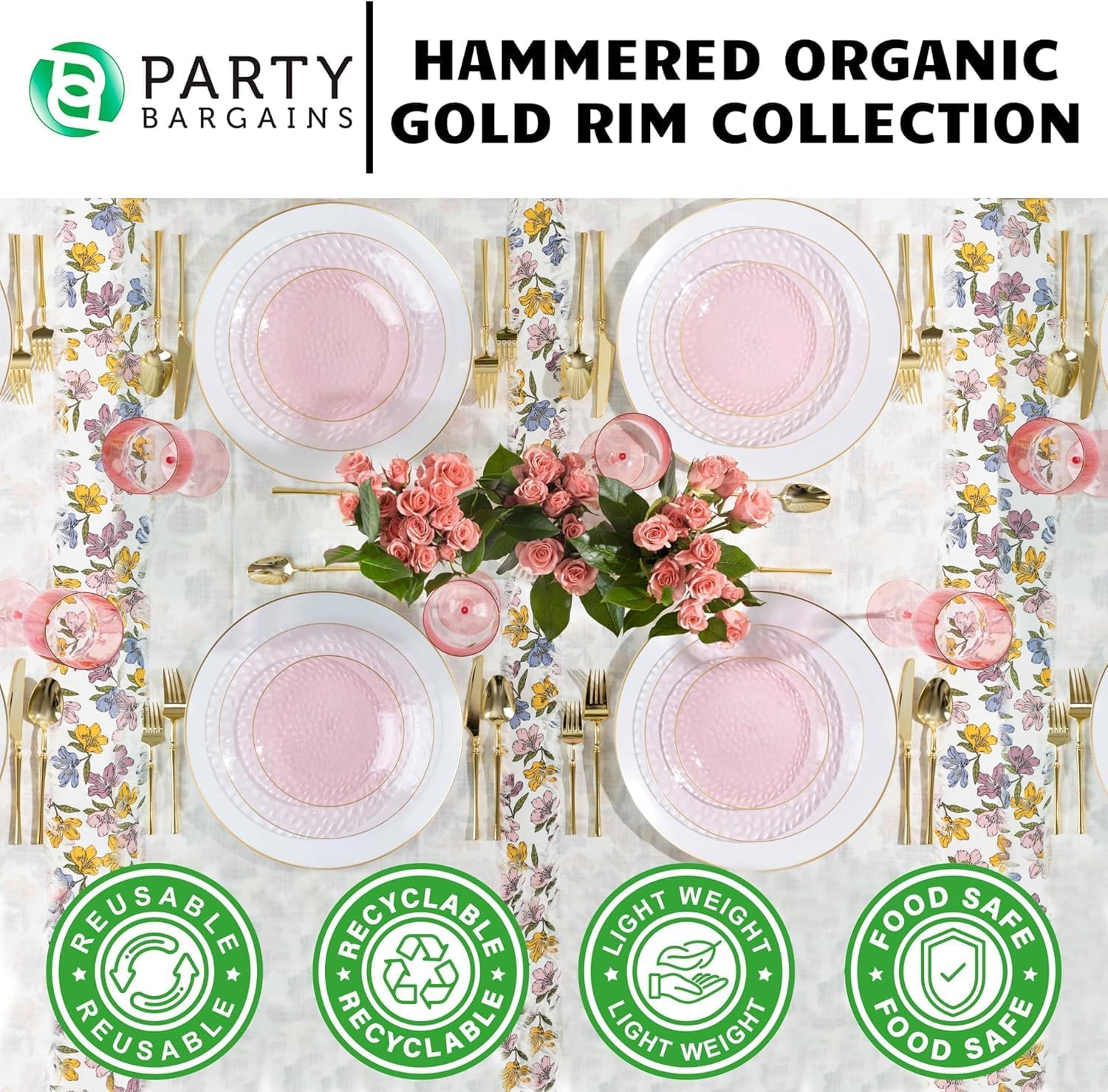 PARTY BARGAINS Plastic Plates with Gold Rim, 32-Pack Hammered Transparent Pink Disposable Party Plates, 7″ Appetizer & 10″ Dinner Plates for Weddings, Parties & Events