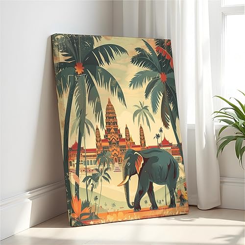 Elephant in Thailand Framed Canvas Landscape Poster Art Print, Retro Vintage Wal
