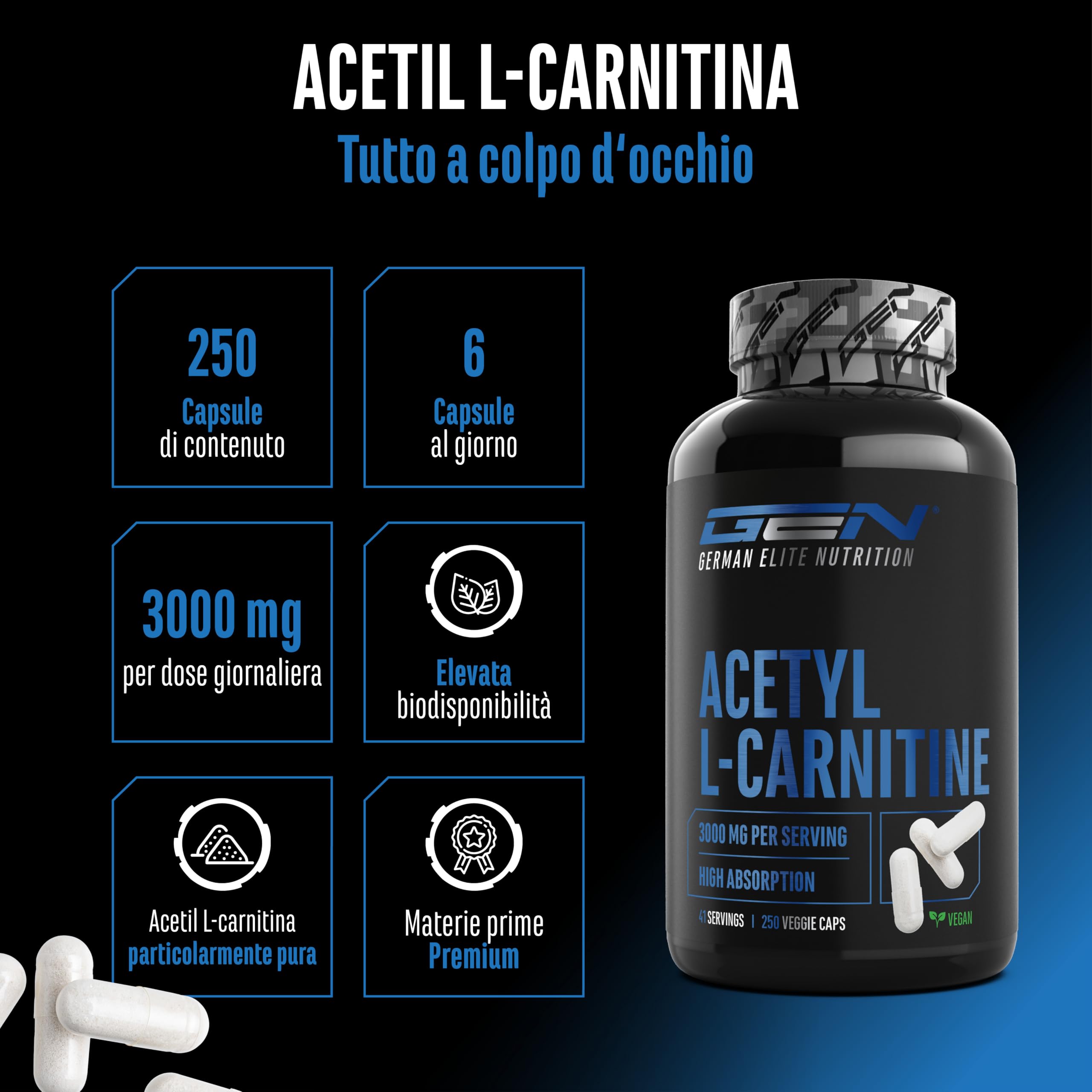 Acetyl-L-carnitina - 250 capsule vegane - 3000 mg per porzione giornaliera - Forma acetilata di L-carnitina di alta qualità - Extra ad alto dosaggio & qualità premium
