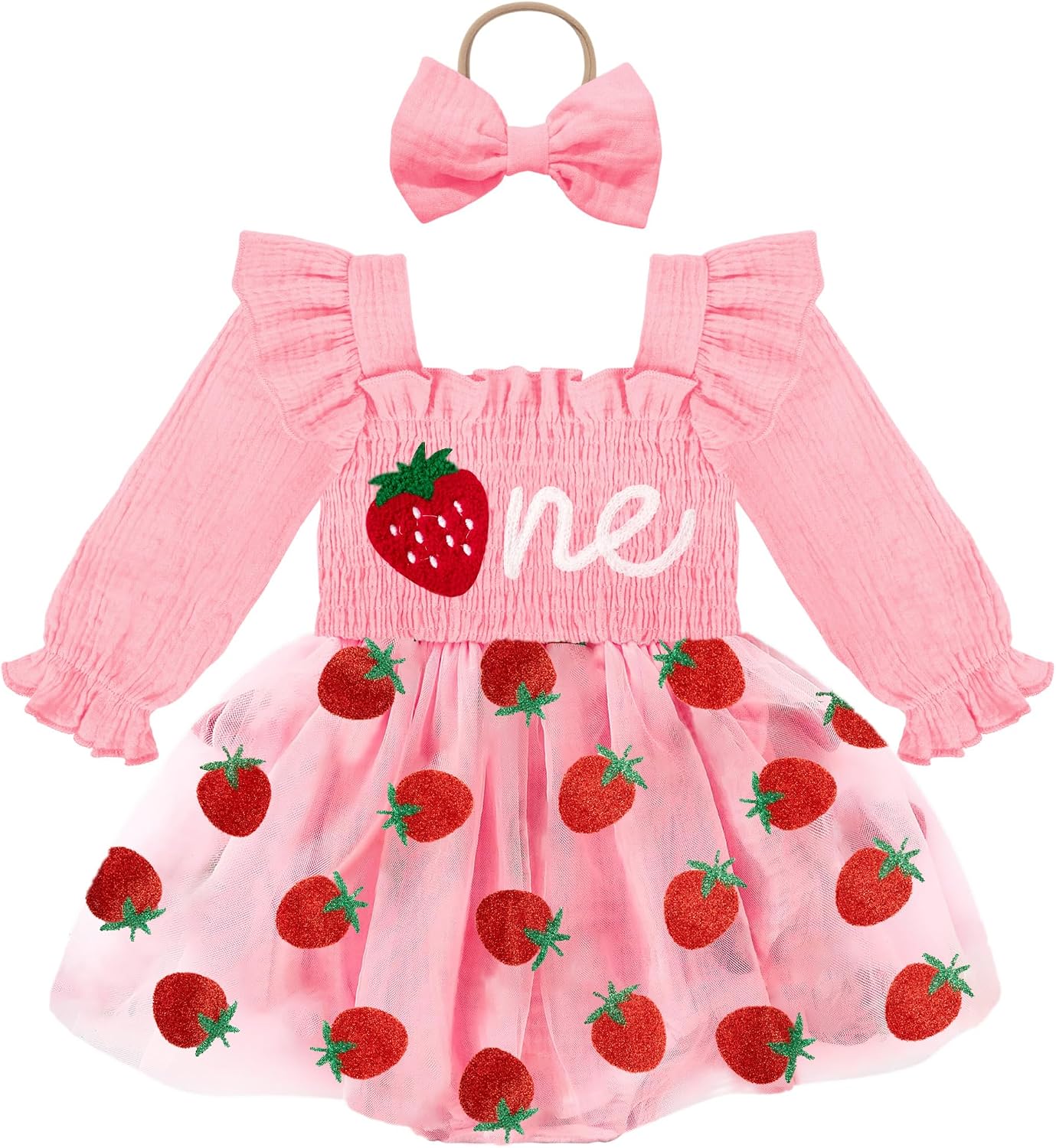 HONGTEYA Baby Girl 1st Birthday Outfit: Long Sleeve Tulle Dress & Bow Headband, 1 Year Old Gifts Clothes