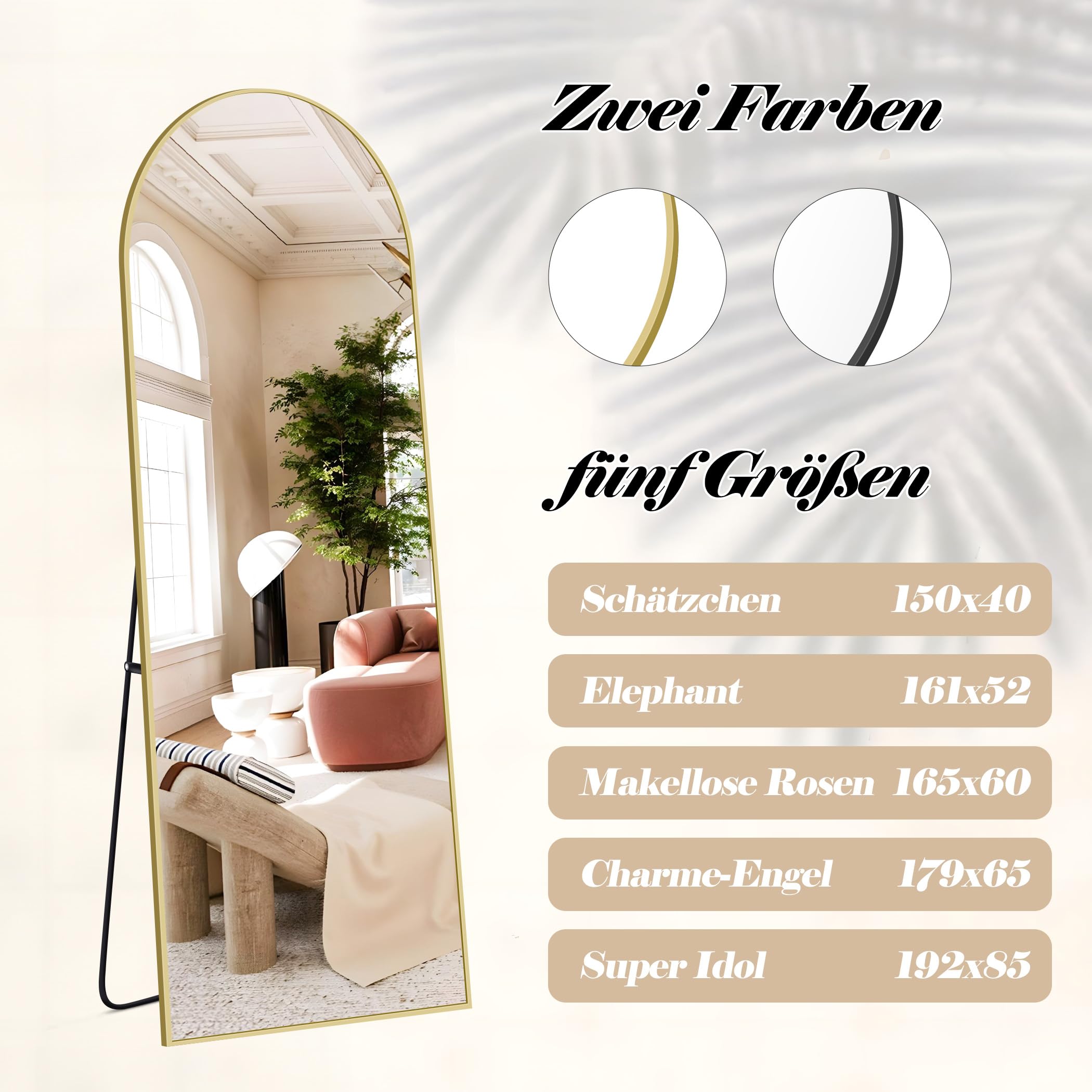 NASSYOU Specchio da Terra, 192 x 85 cm Specchio ad Arco con Cornice in Alluminio Oro per Bagno, Camera da Letto, Ingresso e Corridoio