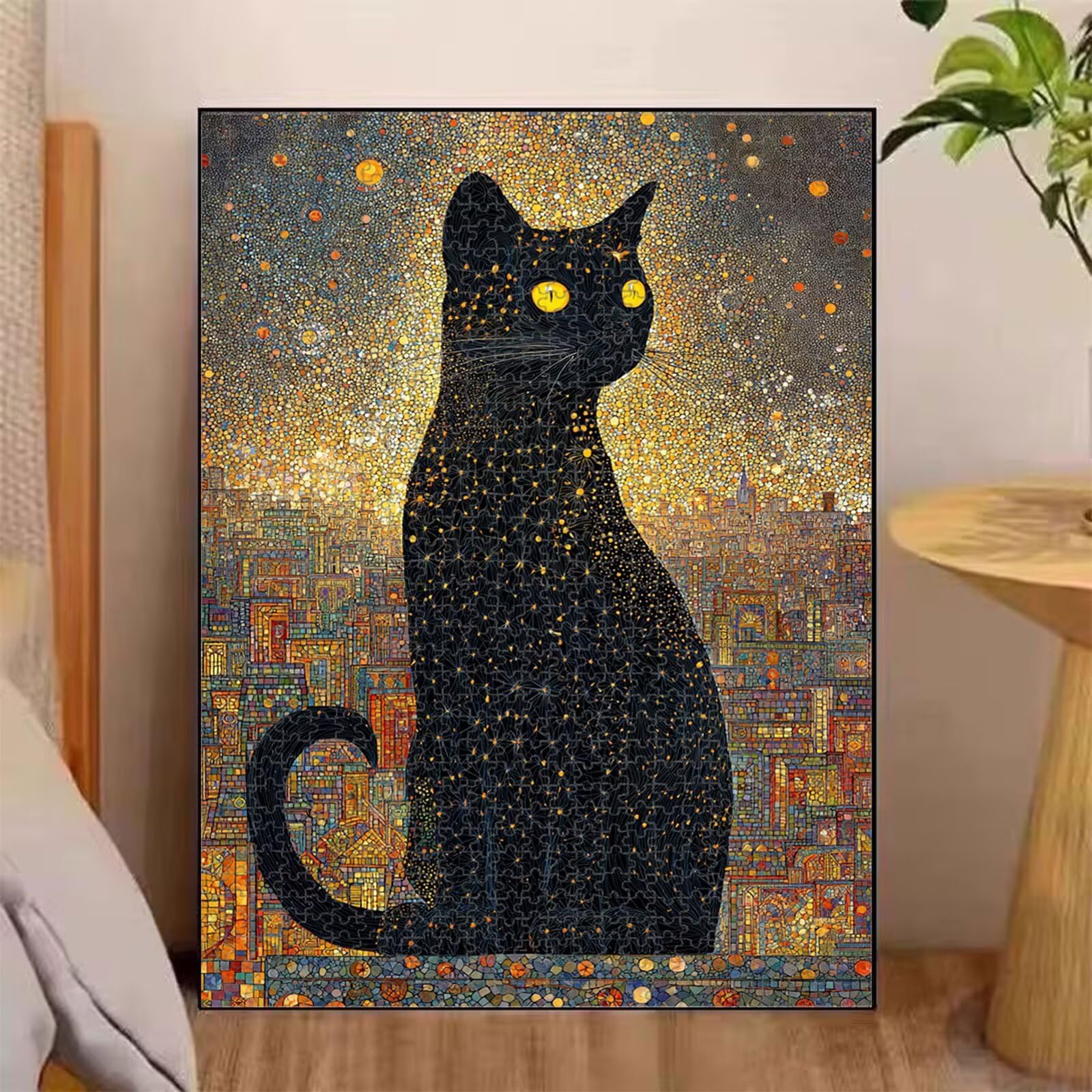 1000 elementów, puzzle dla dorosłych, kot i miasto, drewniane puzzle 1T#1300 | Drewniana konstrukcja, precyzyjne cięcie, jasne kolory, statyczne hobby, relaks, dekoracja domu, prezent, 50 x 75 cm