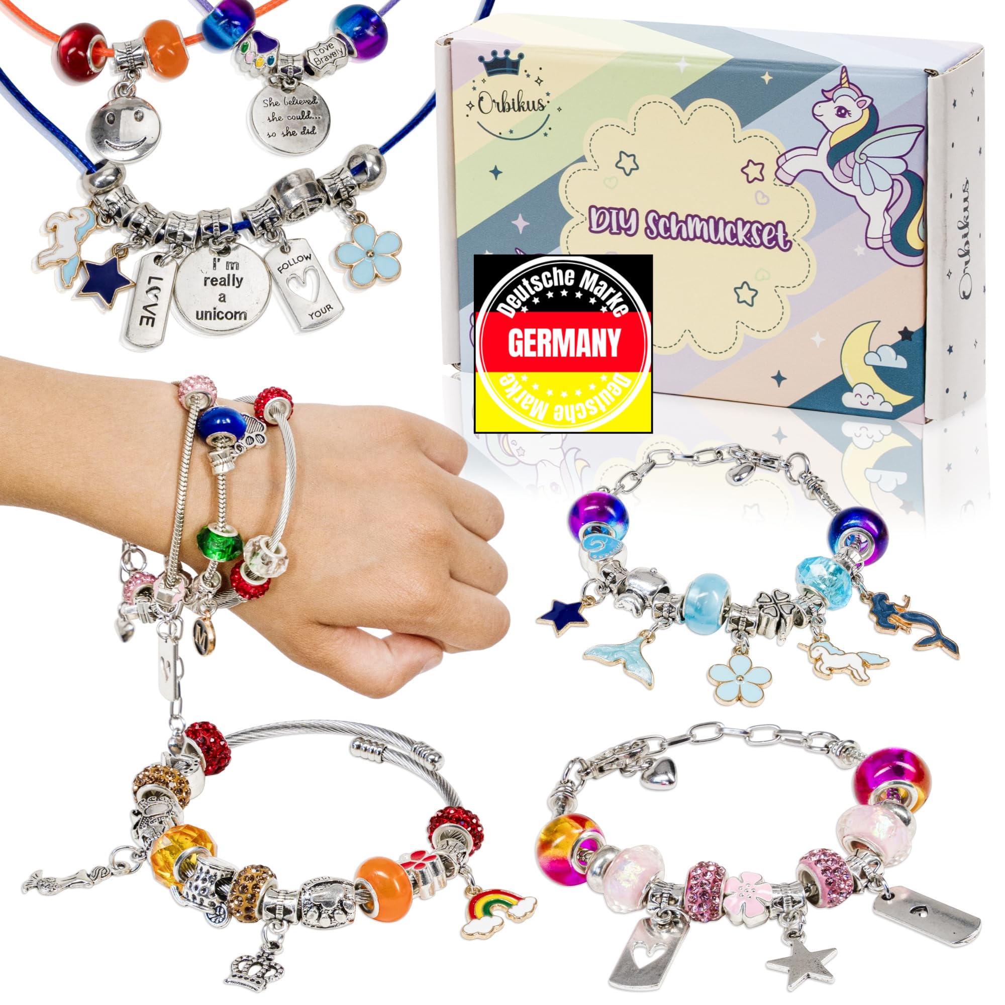 Orbikus Schmuck Bastelset für Mädchen ab 8 Jahren – DIY Armbänder & Ketten mit Einhorn Anhängern, Kreativset Geschenk Geburtstag, Ostergeschenke Mädchen