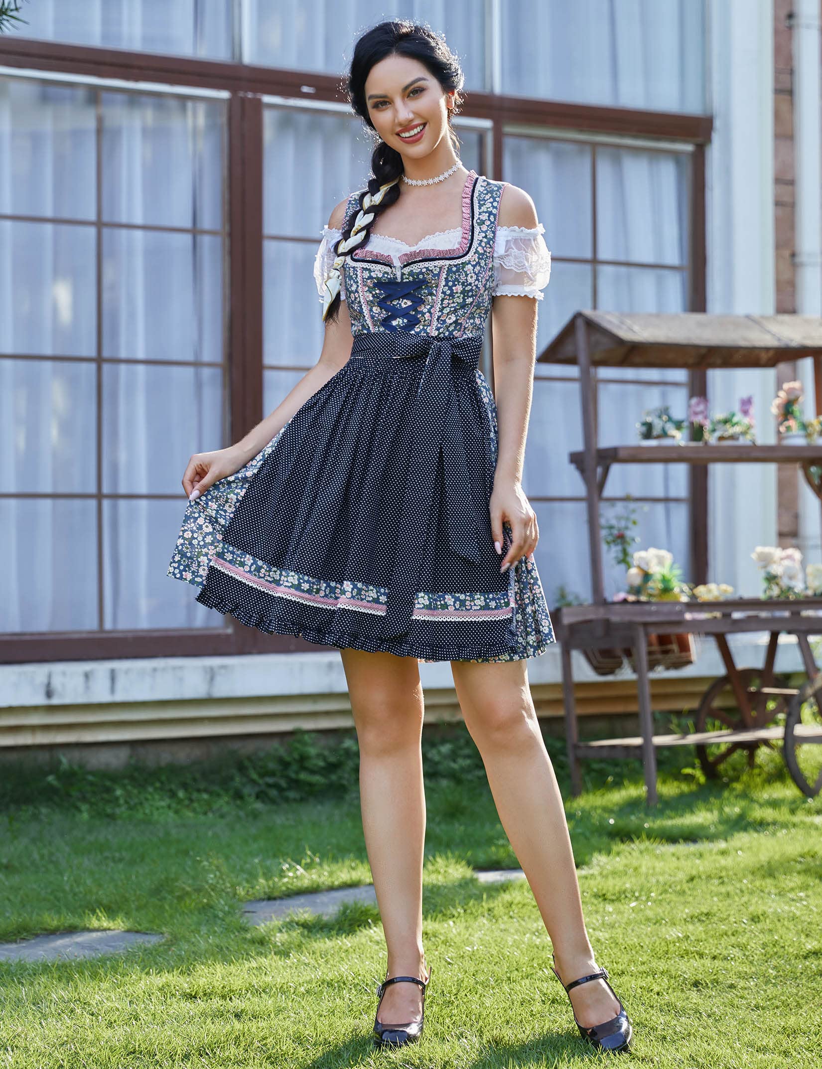 KOJOOIN Abito Donna Dirndl Bavaria Oktoberfest Set 3 Pezzi Camicia e Grembiule Dirndl Manica Corta Grembiule Bavarese Oktoberfest Cameriera Abiti da Festa