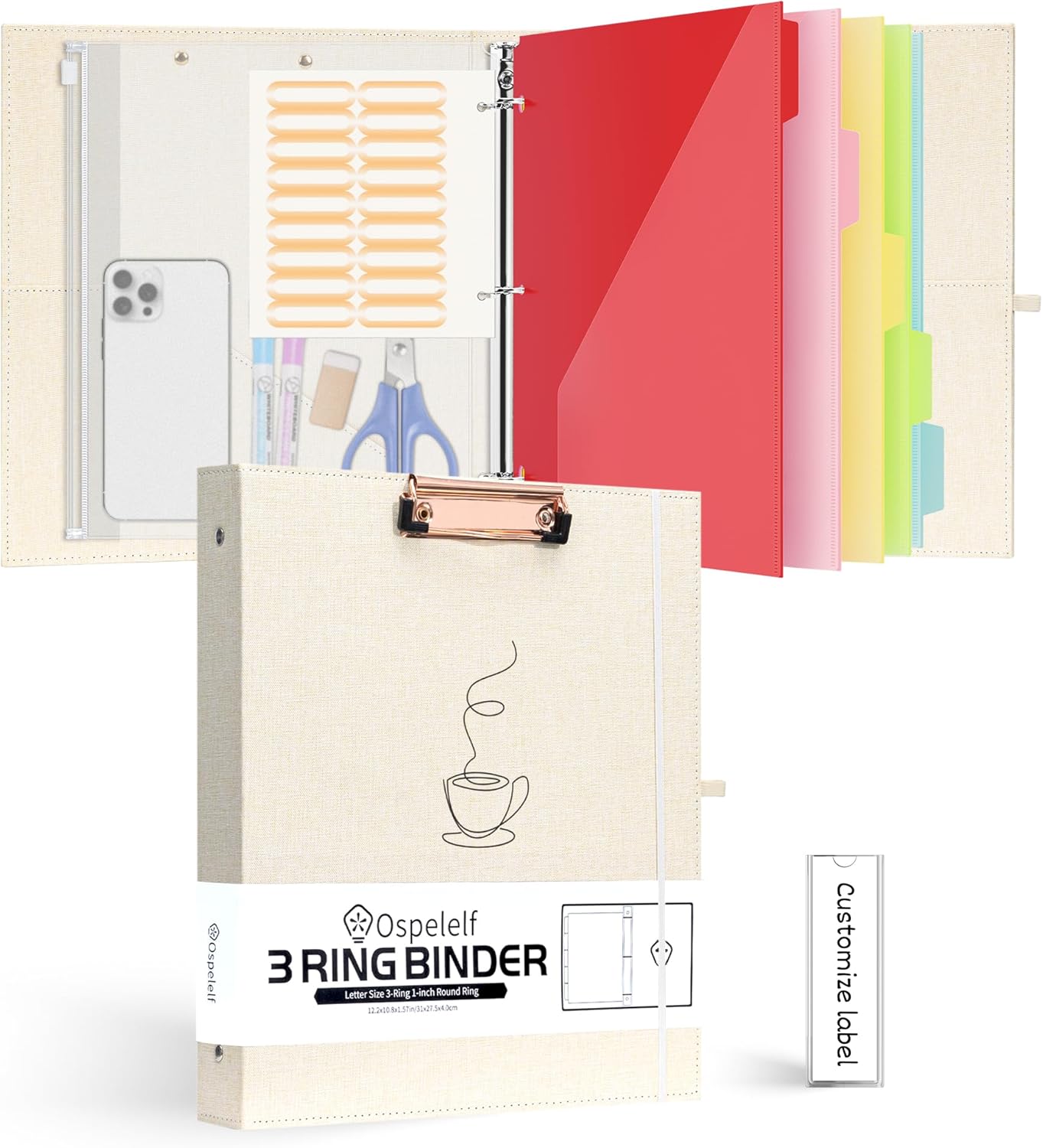Ospelelf 1 Inch 3 Ring Binder with 5 Dividers 10 Pockets, Linen Binder Organizer with Zipper Pouch, Hardcover Clipboards with Storage (8.5" x 11"), School Binder, Beige