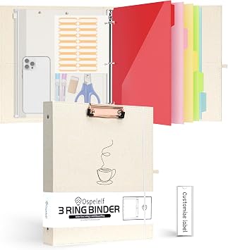 Ospelelf Linen 3 Ring Binder 1 Inch Round Ring Binder with Zipper Pockets and 5 Tab Dividers, Hardcover Clipboards Binder with Storage 8.5" x 11" for School Office, Beige