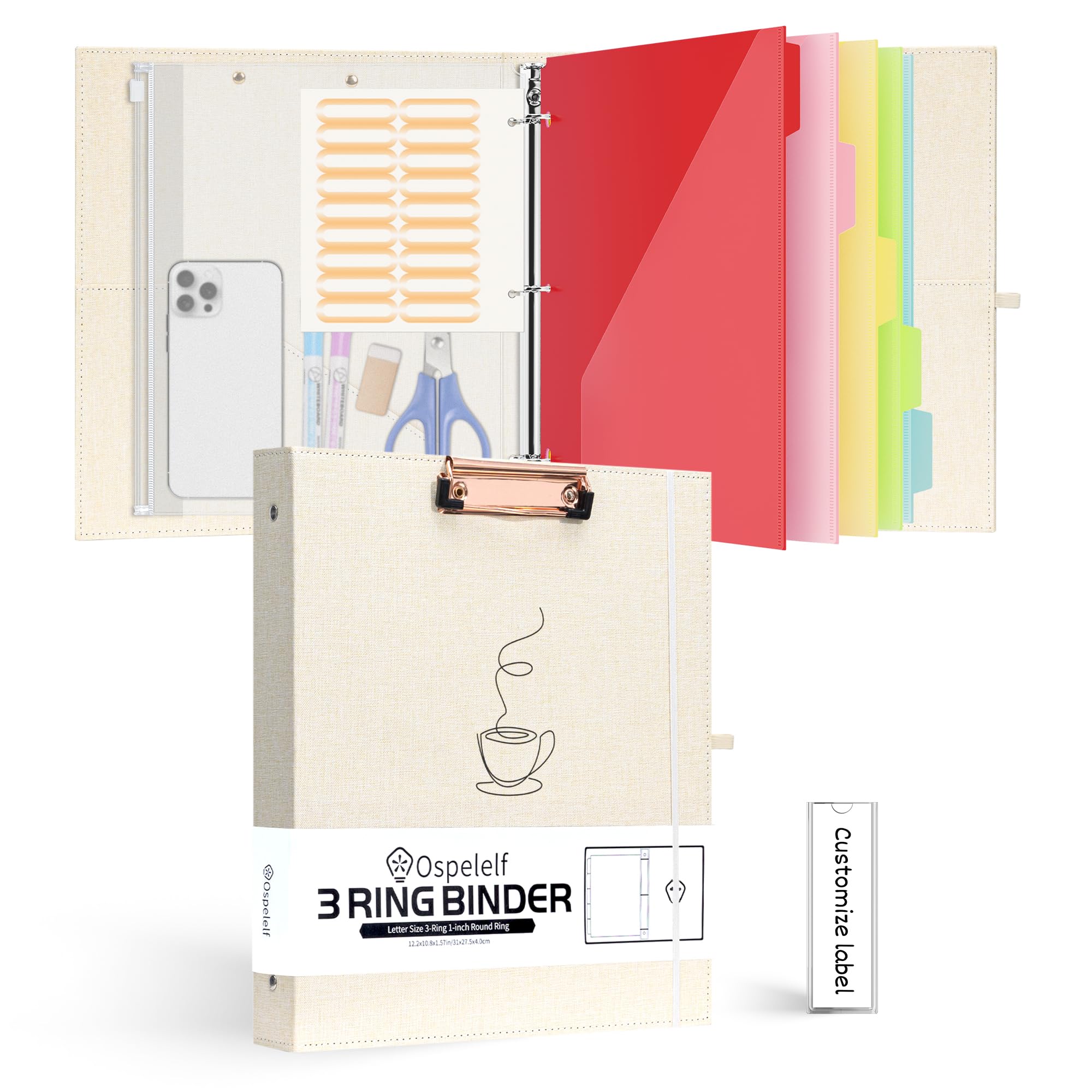 Ospelelf 1 Inch 3 Ring Binder with 5 Dividers 10 Pockets, Linen Binder Organizer with Zipper Pouch, Hardcover Clipboards with Storage (8.5" x 11"),