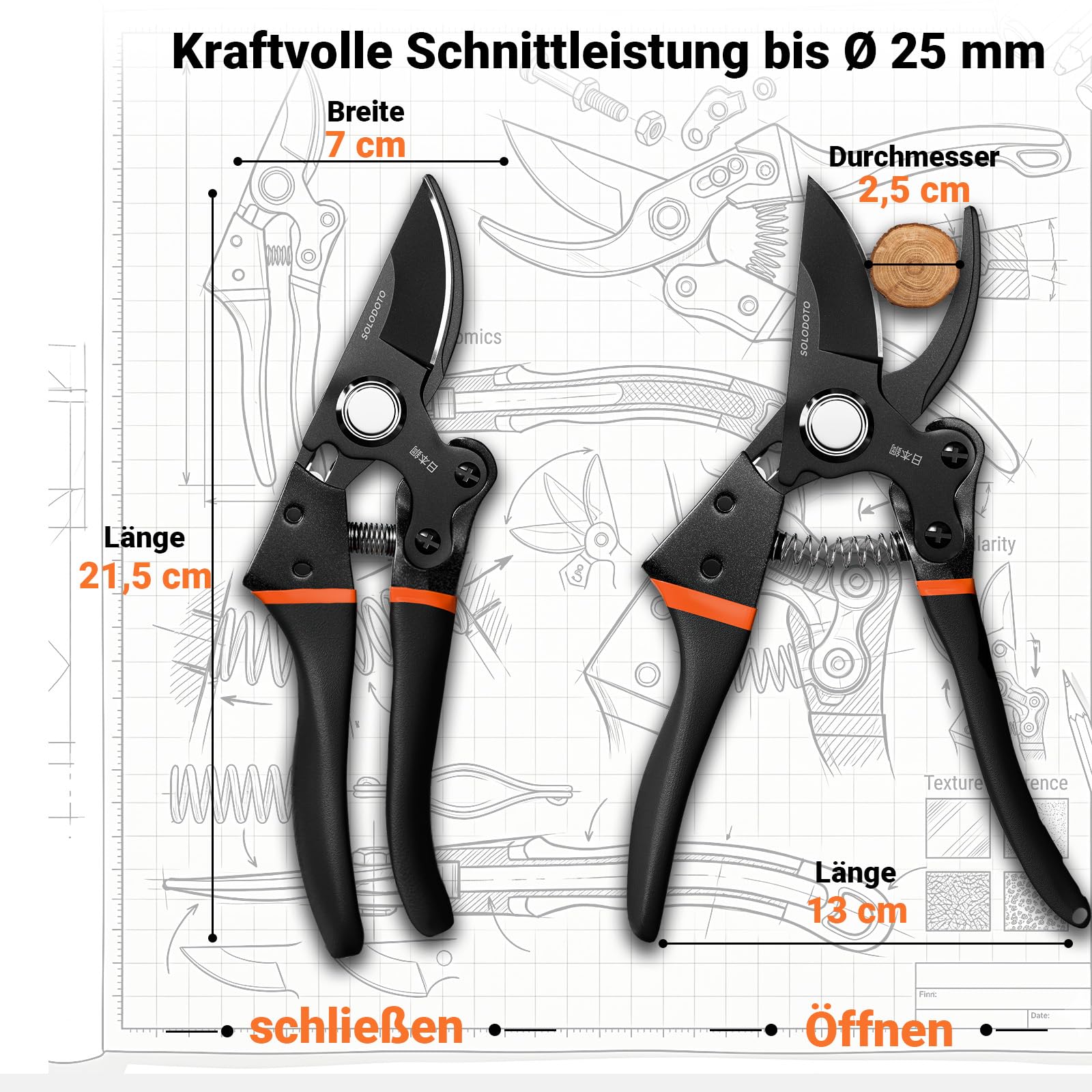 Profi Gartenschere– schärfer, Japanischer SK5-Kohlenstoffstahl, Bypass-Schneide, 25 mm Schnittdurchmesser, für trockenes, frisches Holz, Profi Rosenschere, Pflanzenschere astschere