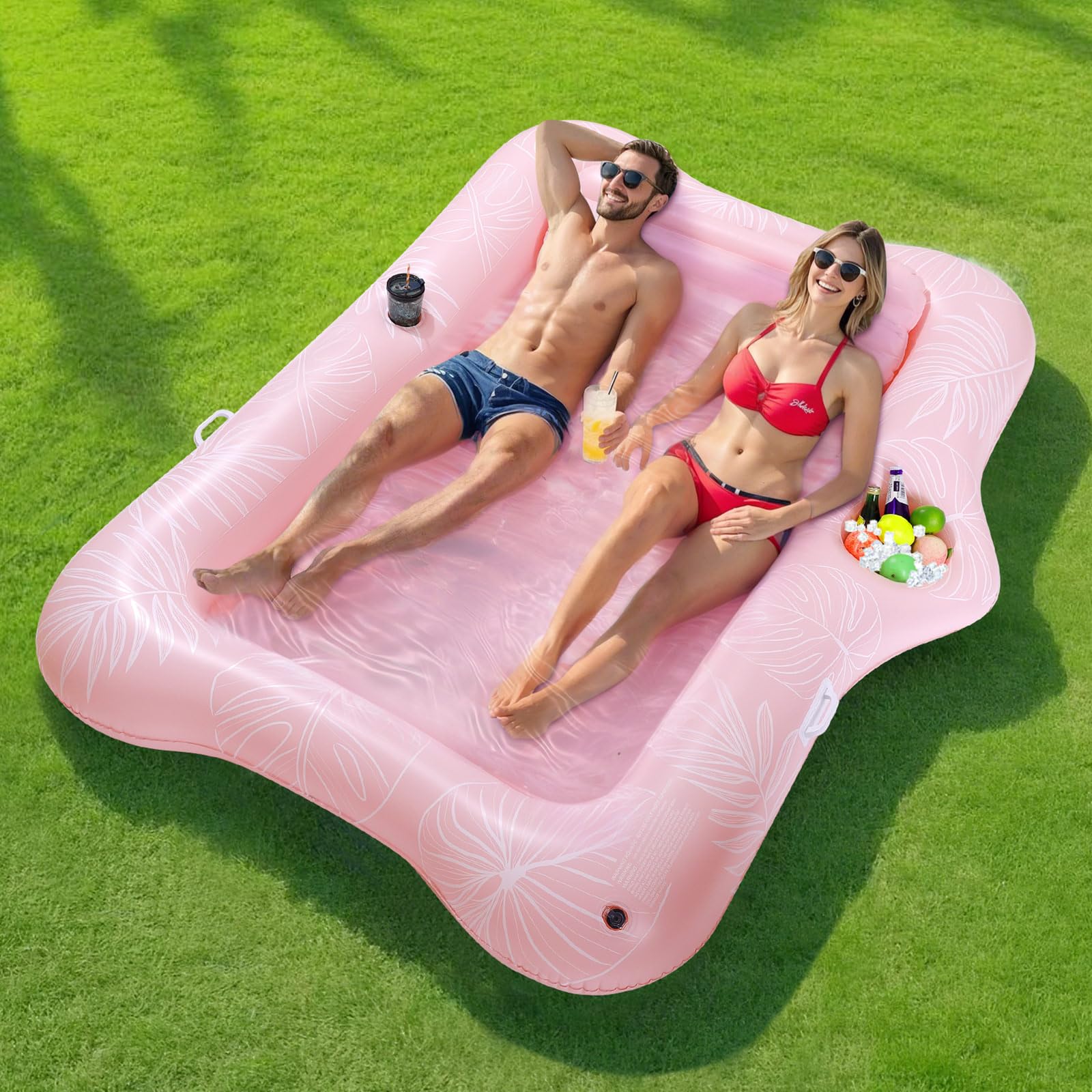 MoKo Pool Floats Adult, 84" x 58" Large Floating Bed with Ice Bar, Tanning Chair Inflatable Lounger with Drink Holder Pool Raft Tanning Bed Inflatable Pool Toys for Party Beach Backyard, Pink Leaf — image 1