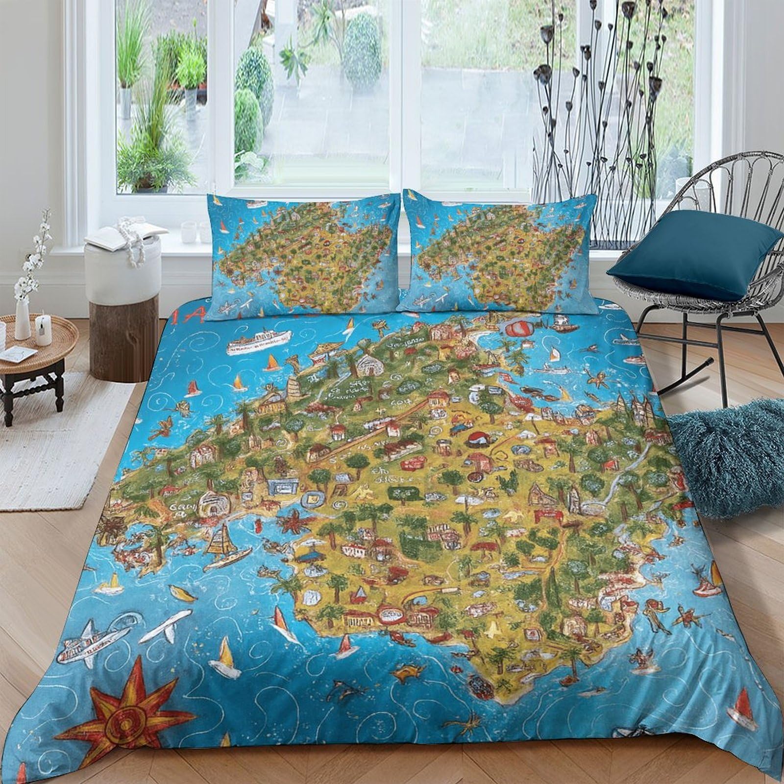 Ctjqhvkz Style-6 3D Printed Island Map Fitted Sheet Microfiber Colourful Ocean Bed Cover For Bedroom Dorm Decor Mattress Protection Single（135X200cm）