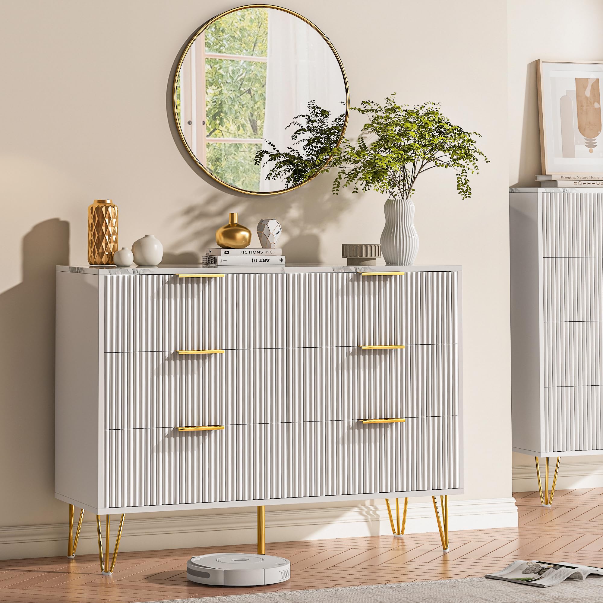 Kommode mit 6 Schubladen aus Massivholz, Moderne Komodenschrank 100 cm Breit aus Gerilltem, Chest of Drawers mit Goldenen Griffen, Schrank mit Marmorimitat für den Flur (Weiß)