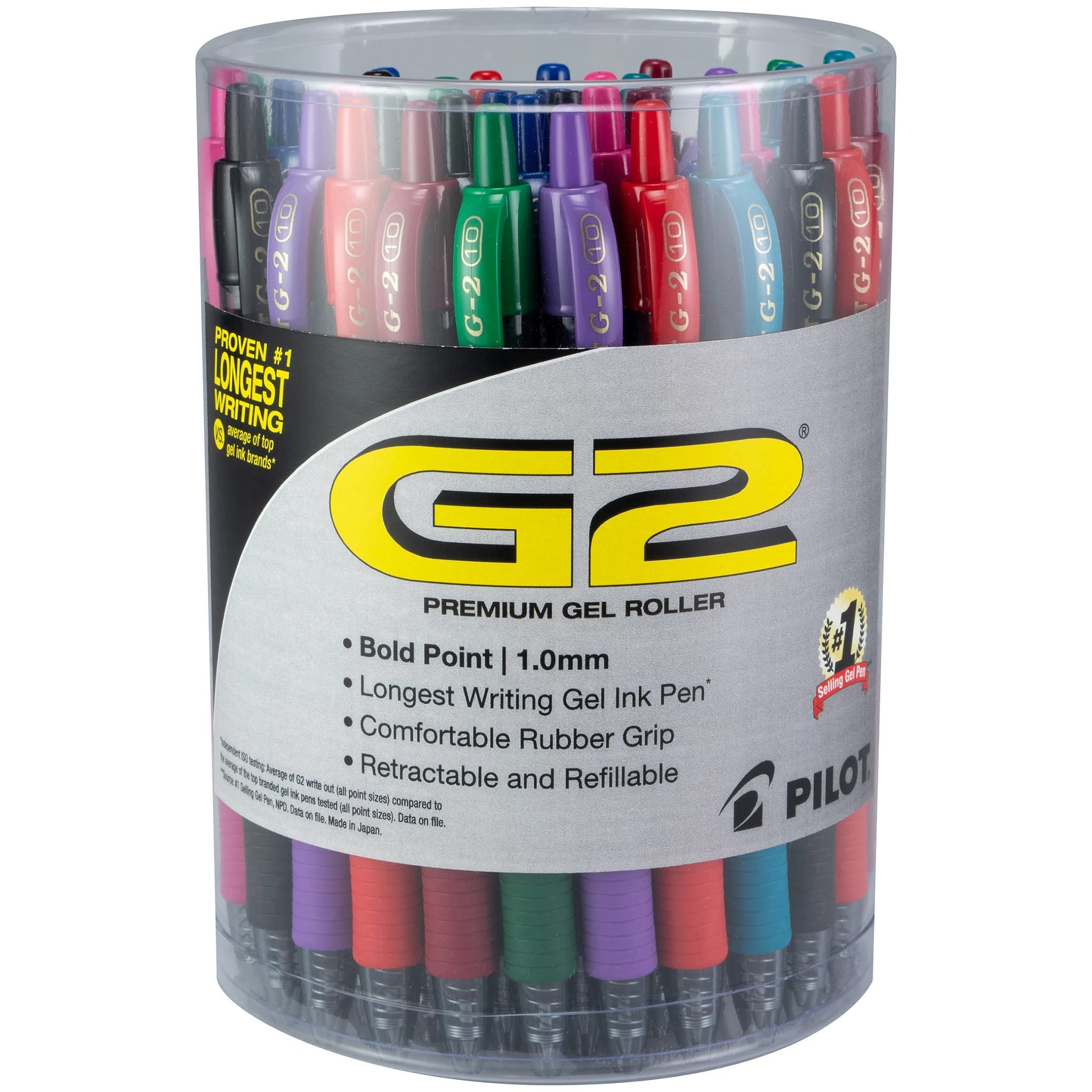 Pilot G2 Premium Retractable Gel-Ink Rolling Ball Pens, Bold Point (1.0mm), 1.0 Gel Pens, Assorted, Tub of 36 - Ideal for School, Journaling, & Office Writing