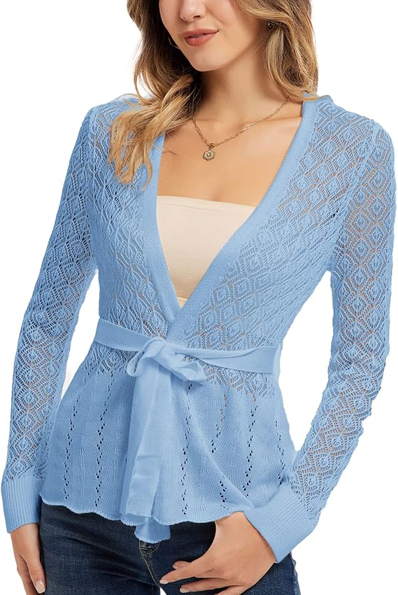 GRACE KARIN Womens Cardigans Hollowed-Out Open Front Knitwear Sweater with Belt