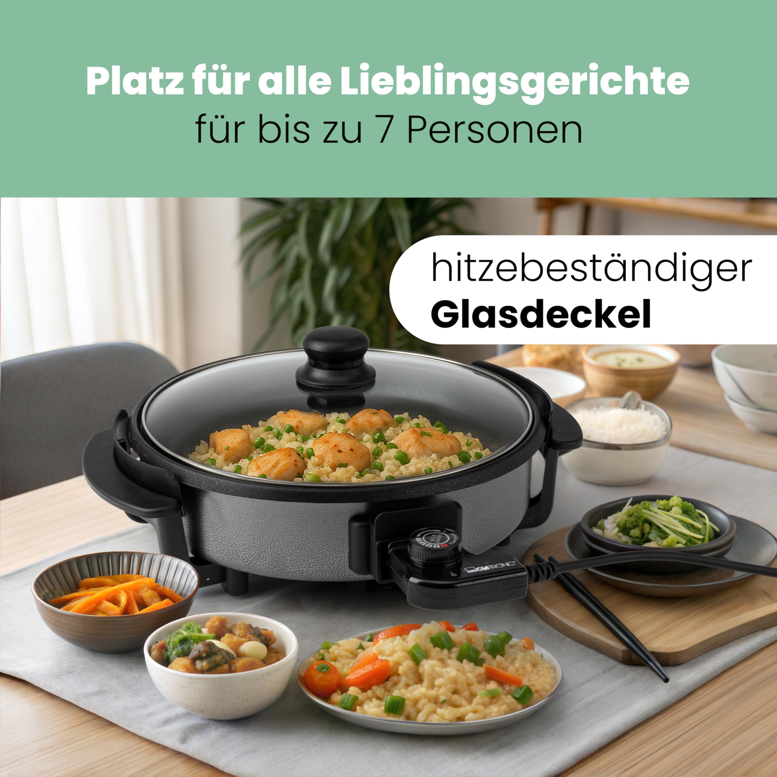 Clatronic PP 3401 - Sartén eléctrica con tapa de cristal, diámetro 32 cm, 1500 W, color negro