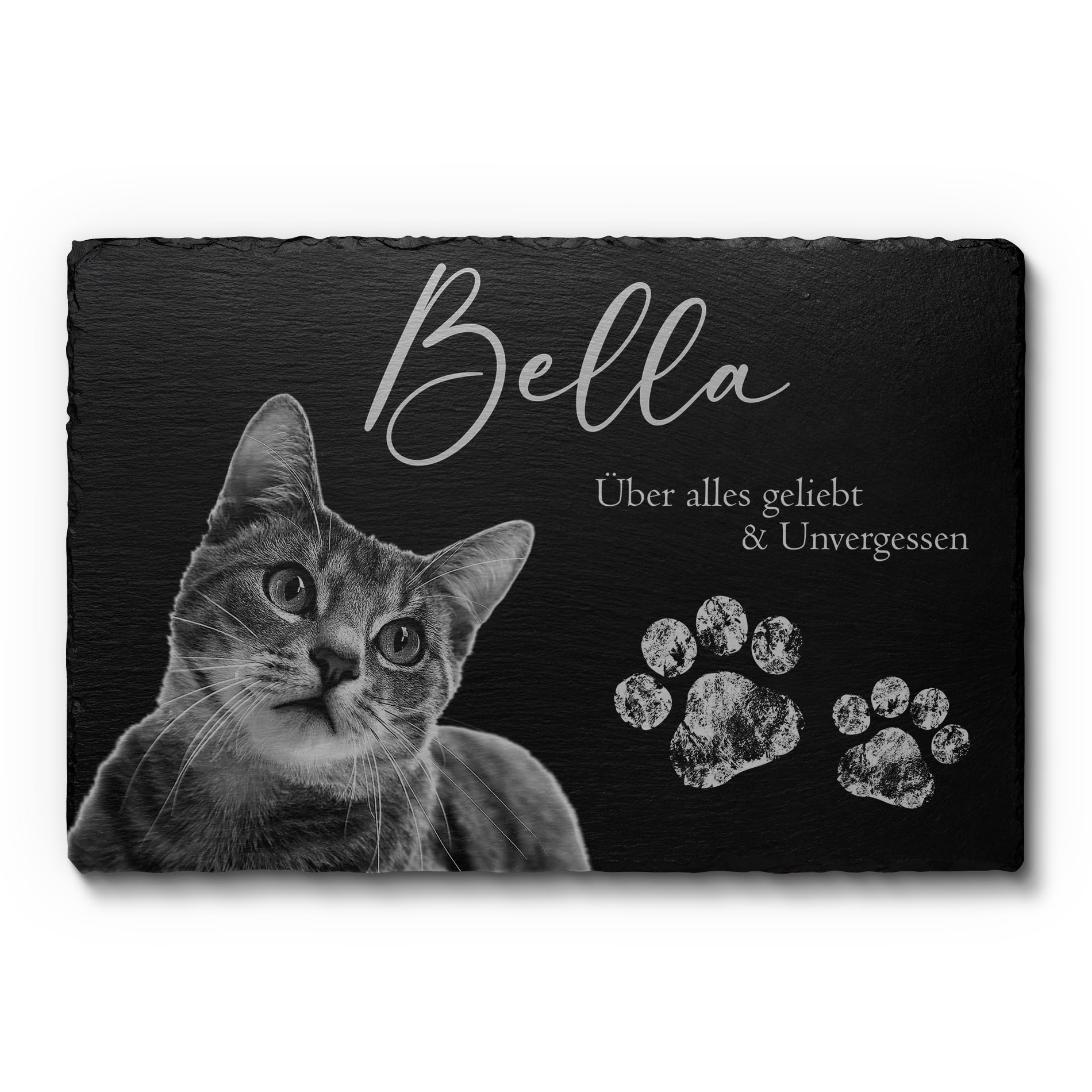 CHRISCK design Tier Grabstein Katze - Katzengrabstein aus Schiefer mit Gravur - Wetterfester Gravurschutz - Große Motivauswahl! - Grabplatte mit Foto - 22x14 cm o. 30x20 cm - Gedenkstein Hund
