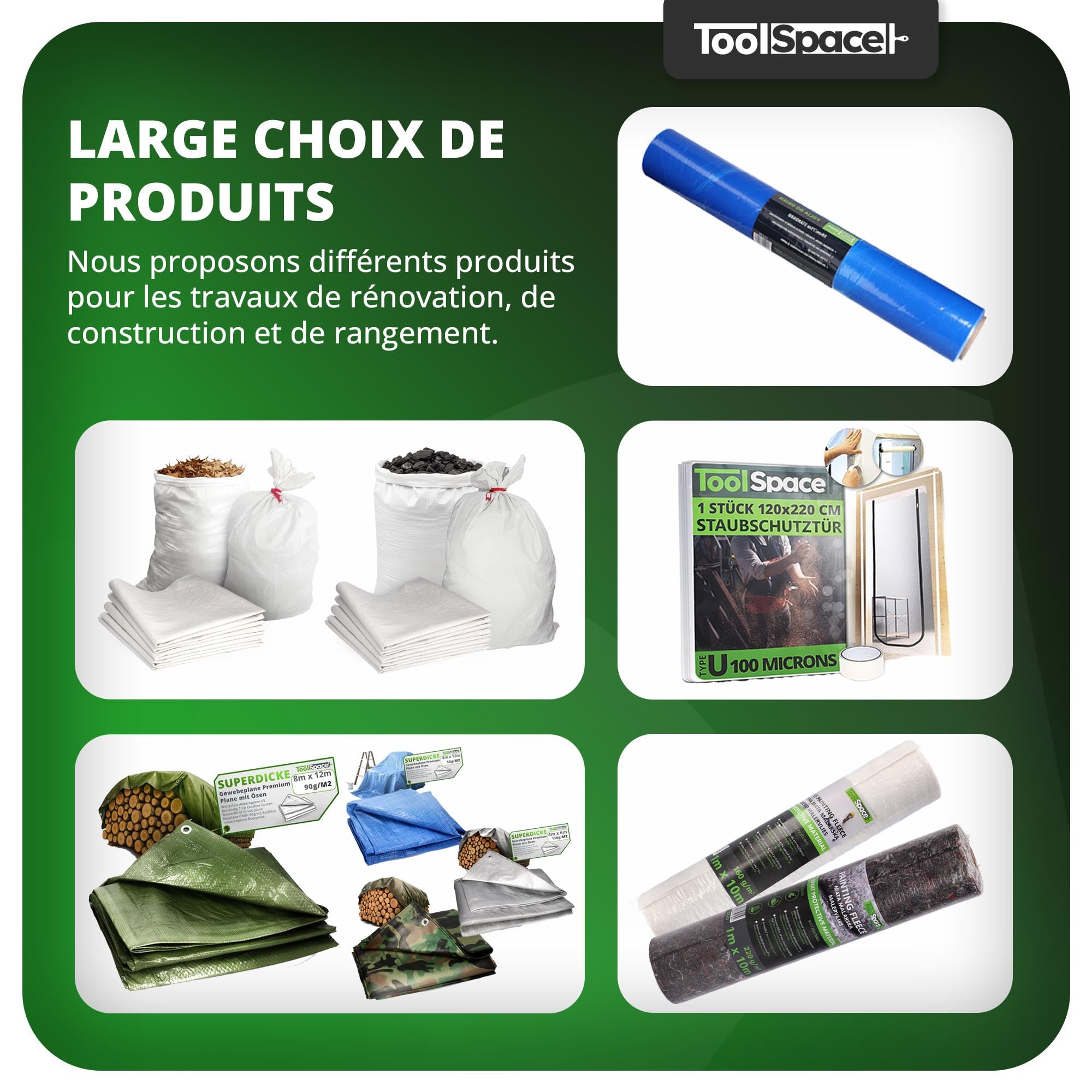 ToolSpace Sac à Gravats PP Tissé 65×105 cm Polypropylène 50 kg Réutilisable