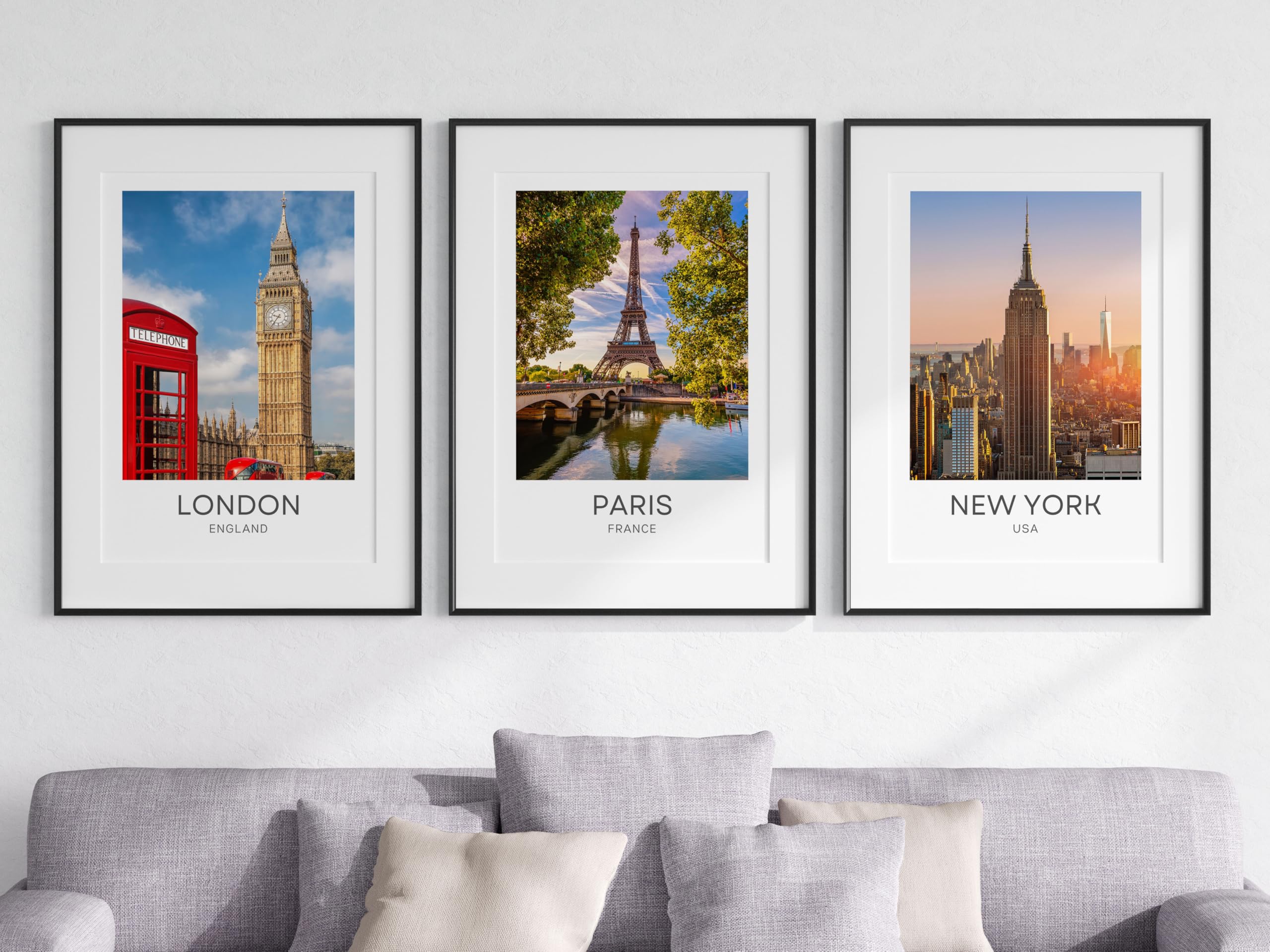 Eviepops Prints London Paris New York City Landscapes Set of 3 Unframed Poster Prints, Photographic City Wall Art, Home Décor