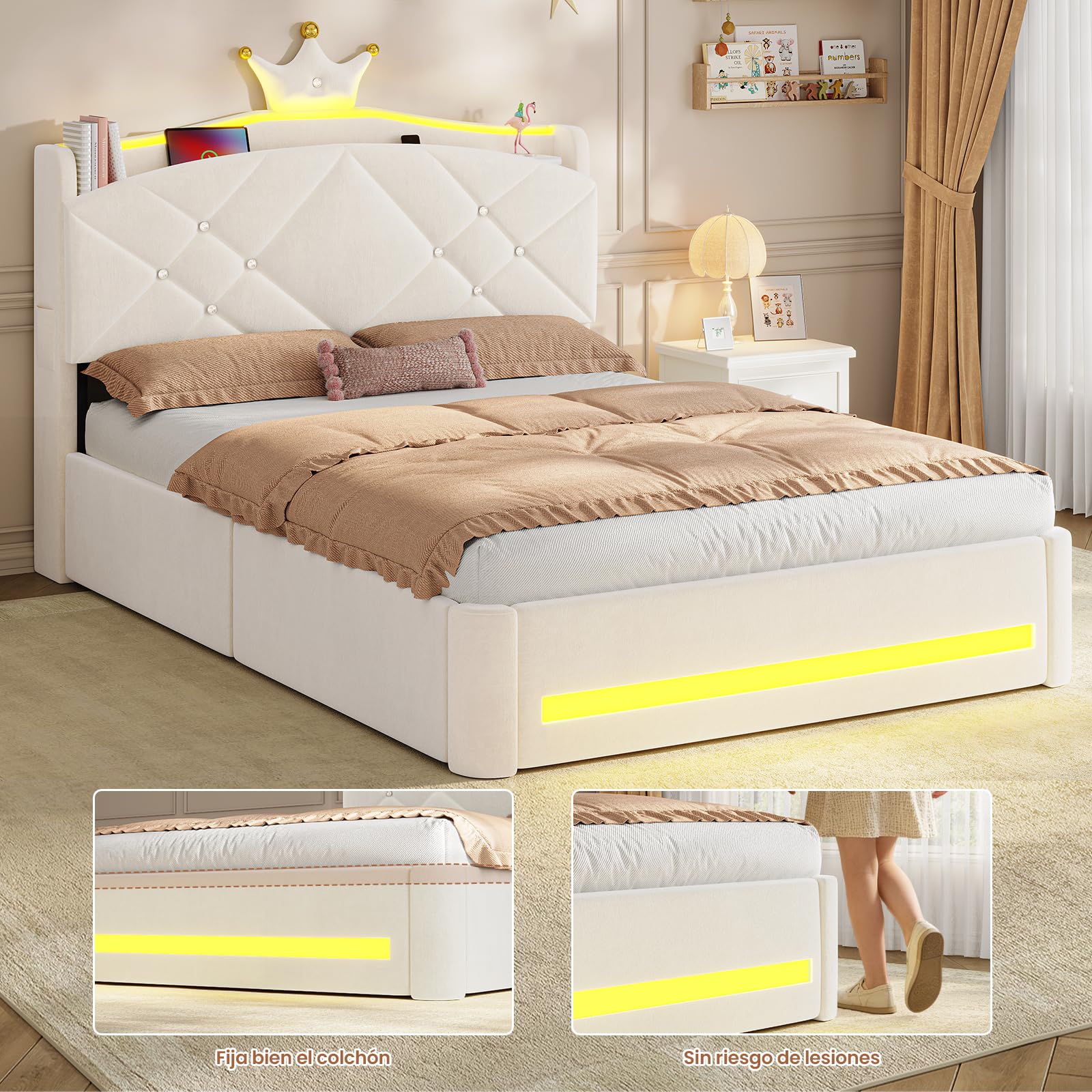 AOGLLATI Cama Juvenil 140x190cm, Cama Princesa, Camas Matrimoniales, Bianco | 2 Cajones de Almacenaje, Iluminación LED, Estación de Carga, Cabecero Tapizado, Bordes Redondeados, Modo música, Terciopelo
