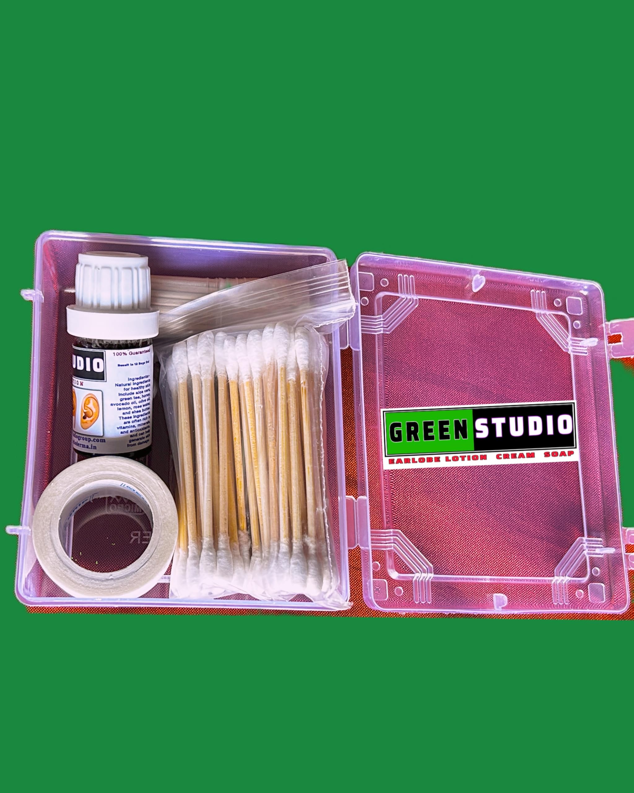 Green Studio Earlobe Lotion Ear pasting solution 1 bottle of 15ml Kit for 150 Ears with Earbuds Surgcal tape Toothpick and storage box-image-14
