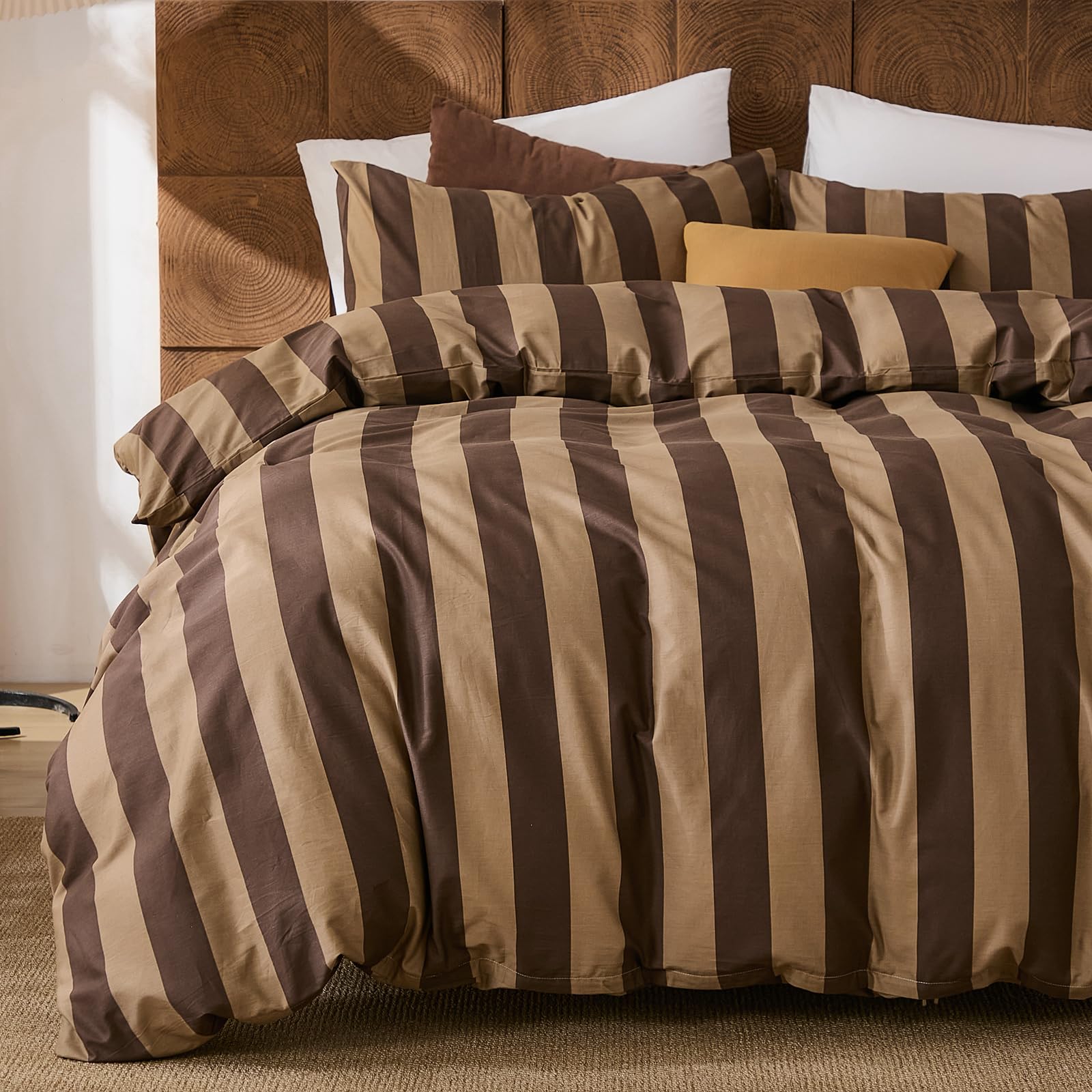 Photo 1 of Merryword Brown Striped Duvet Cover Set Queen Size, 100% Natural Cotton Linen Like Duvet Cover Set with Zipper Closure & 8 Corner Ties, Brown Khaki Soft Reversible Bedding for All Seasons