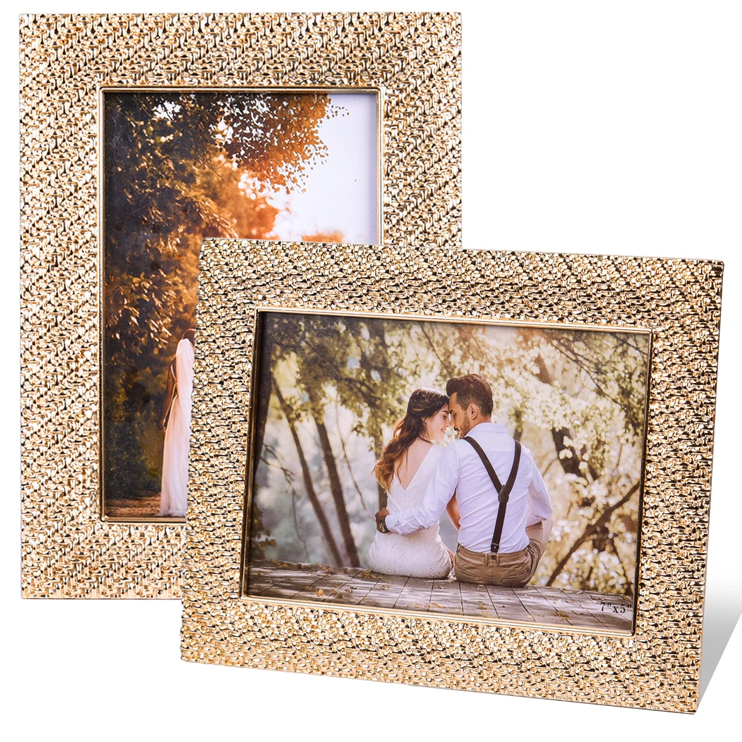 Photo 1 of 5x7 Picture Frame 2 Pack with HD Clear Glass for Desk or Wall Display, Metal Photo Frames Hold 5 X 7 Photos, Ornate Baroque, Glitter Gold, engagement and Wedding Gifts for Couples, Friends, Bridesmaid Gold 5x7