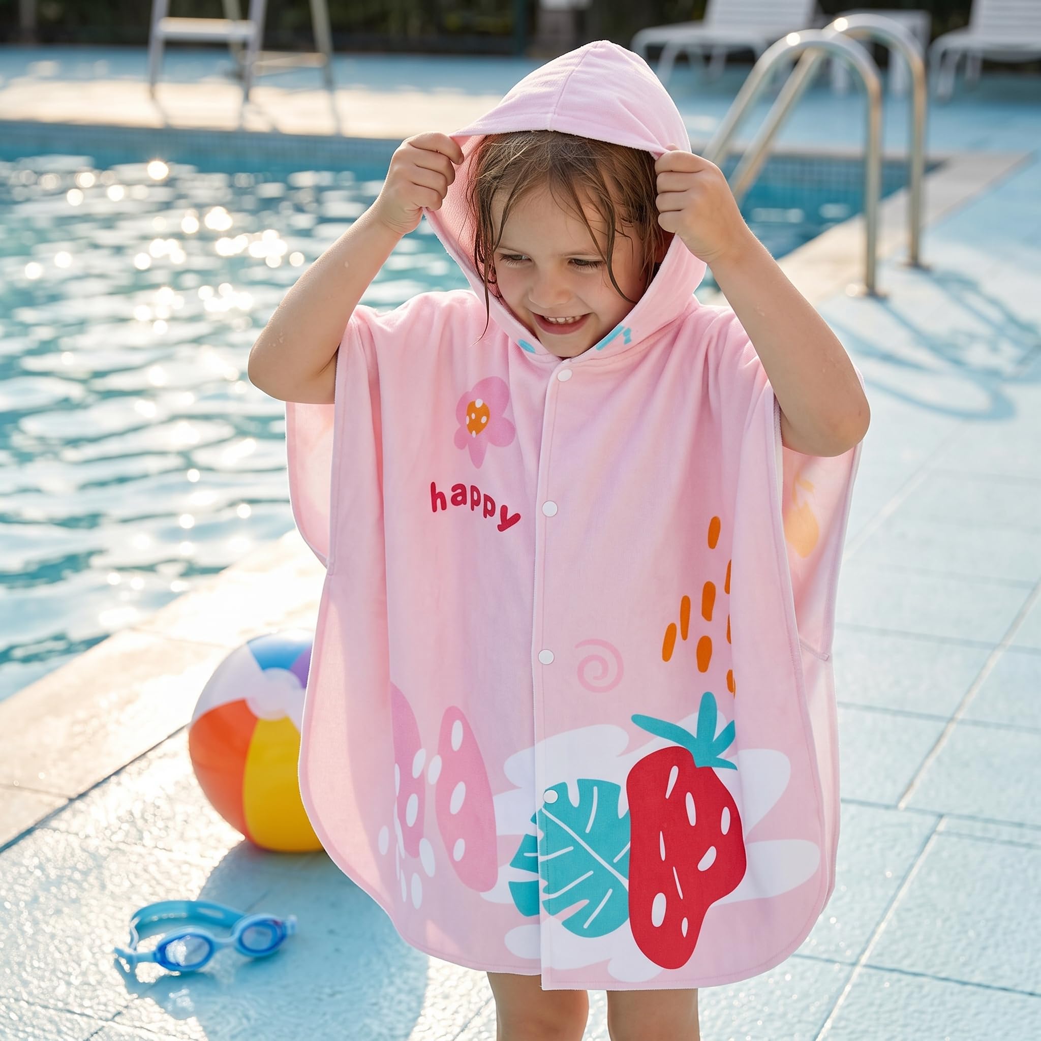 Badetuch mit Kapuze, Schnelltrocknend Strand für Mädchen und Jungen, Handtuch mit Kapuze, Erdbeerrosa, L-Größe【Geeignet für Körpergröße 115-150cm】