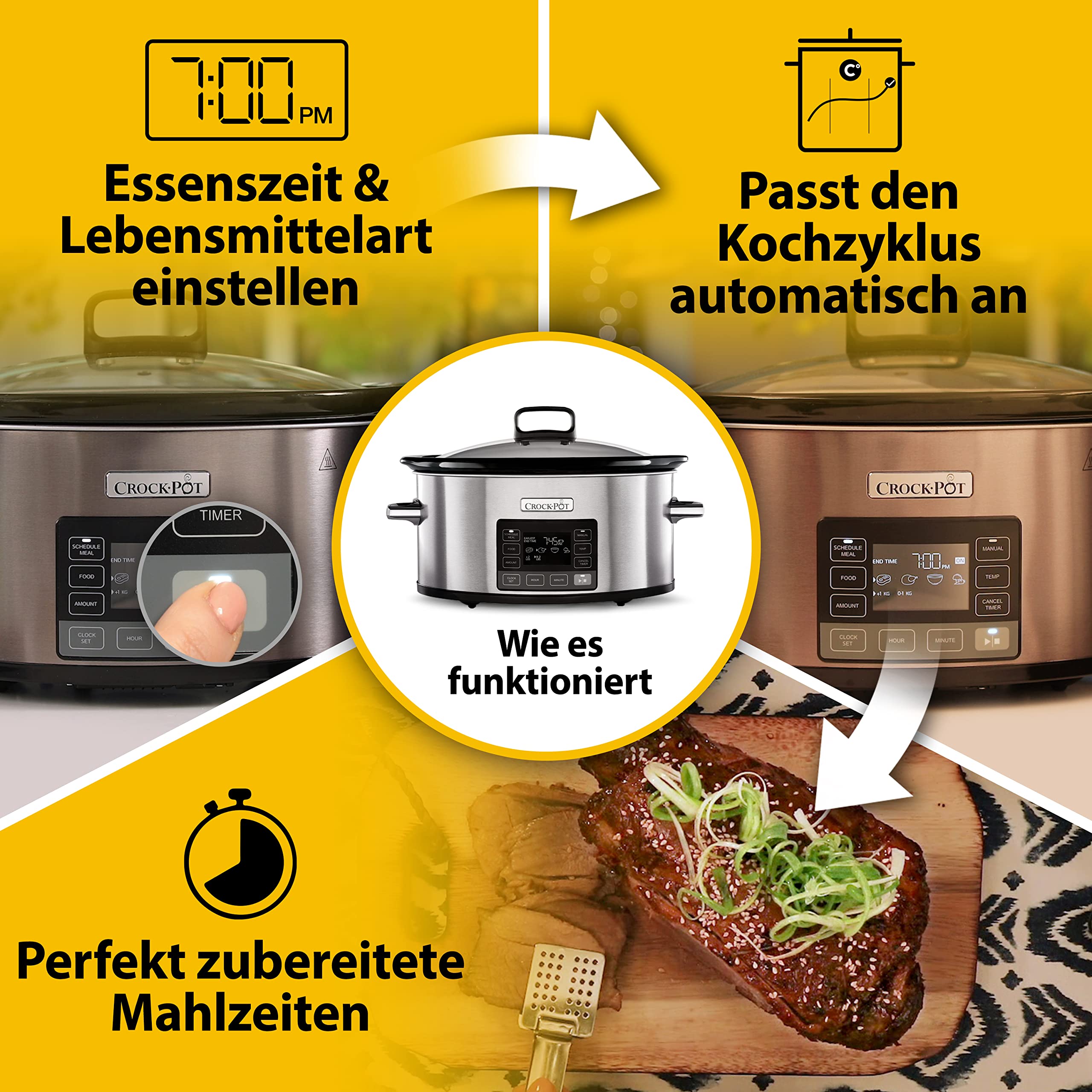 Crockpot TimeSelect digitaler Schongarer | 5,6 l (7+ Personen) | mit programmierbarem Timer und digitaler Anzeige | Warmhaltefunktion | Edelstahl [CSC066X]