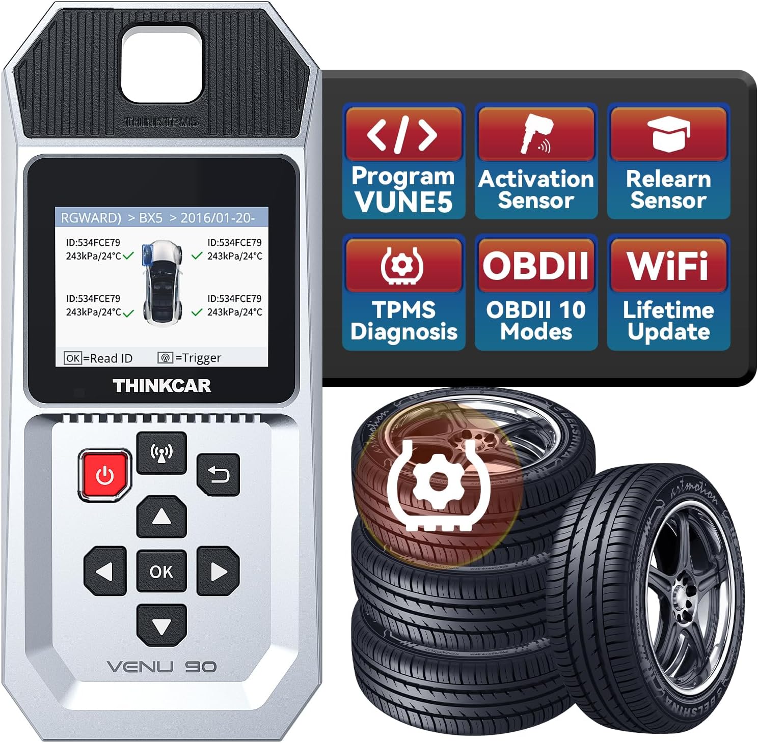 THINKTPMS VENU90 TPMS OBD2 Scanner Diagnostic Tool, Activate/Read/Learn TPMS Sersor, Programming THINKCAR/MUCAR Sensors(315/ 433MHz) Only，No App Needed, Lifetime Wi-Fi Upgrades