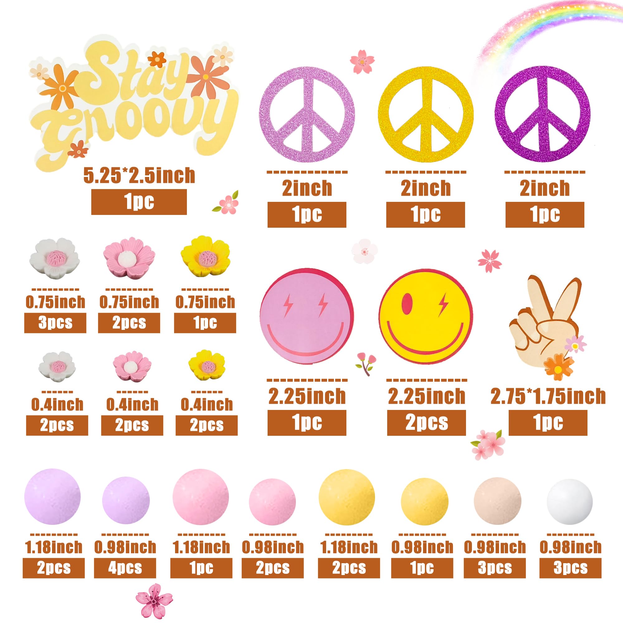 42 PCS Boho Groovy Acrylic Retro Hippie Daisy Flower Cake Topper For Decorating Bohemian Wedding Party Supplies