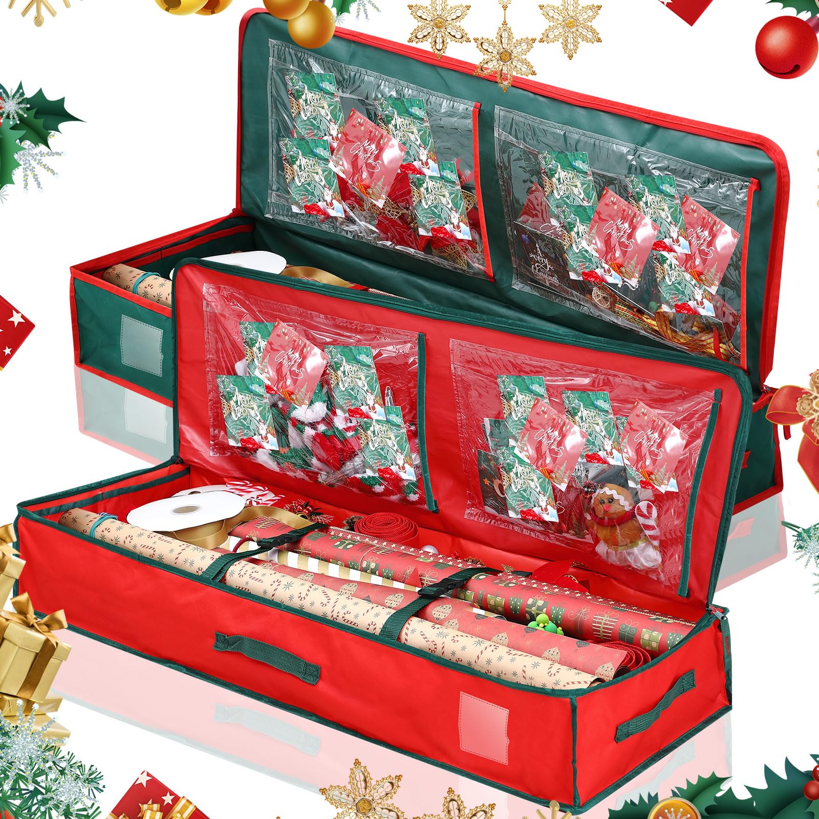 Photo 1 of Windyun 2 Pcs 40'' Christmas Wrapping Paper Storage Containers with Interior Pockets Gift Wrap Organizer 600d Oxford Underbed Storage Box for 24 Roll Wrapping Paper Ribbon Bow(Red, Green)