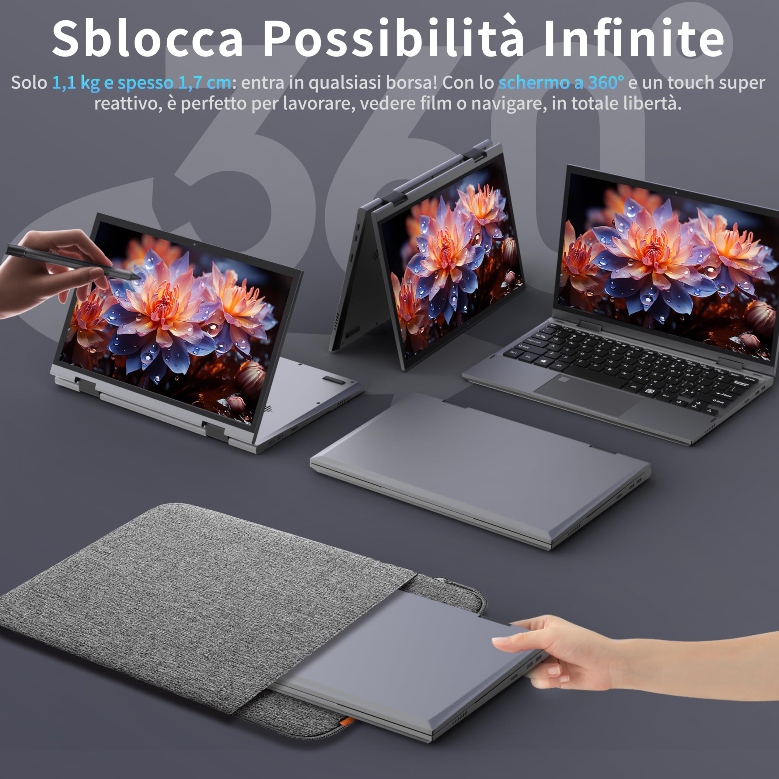 Amita Convertibile 2 in 1 11" FHD Touchscreen N95 16GB RAM 512GB SSD Grigio