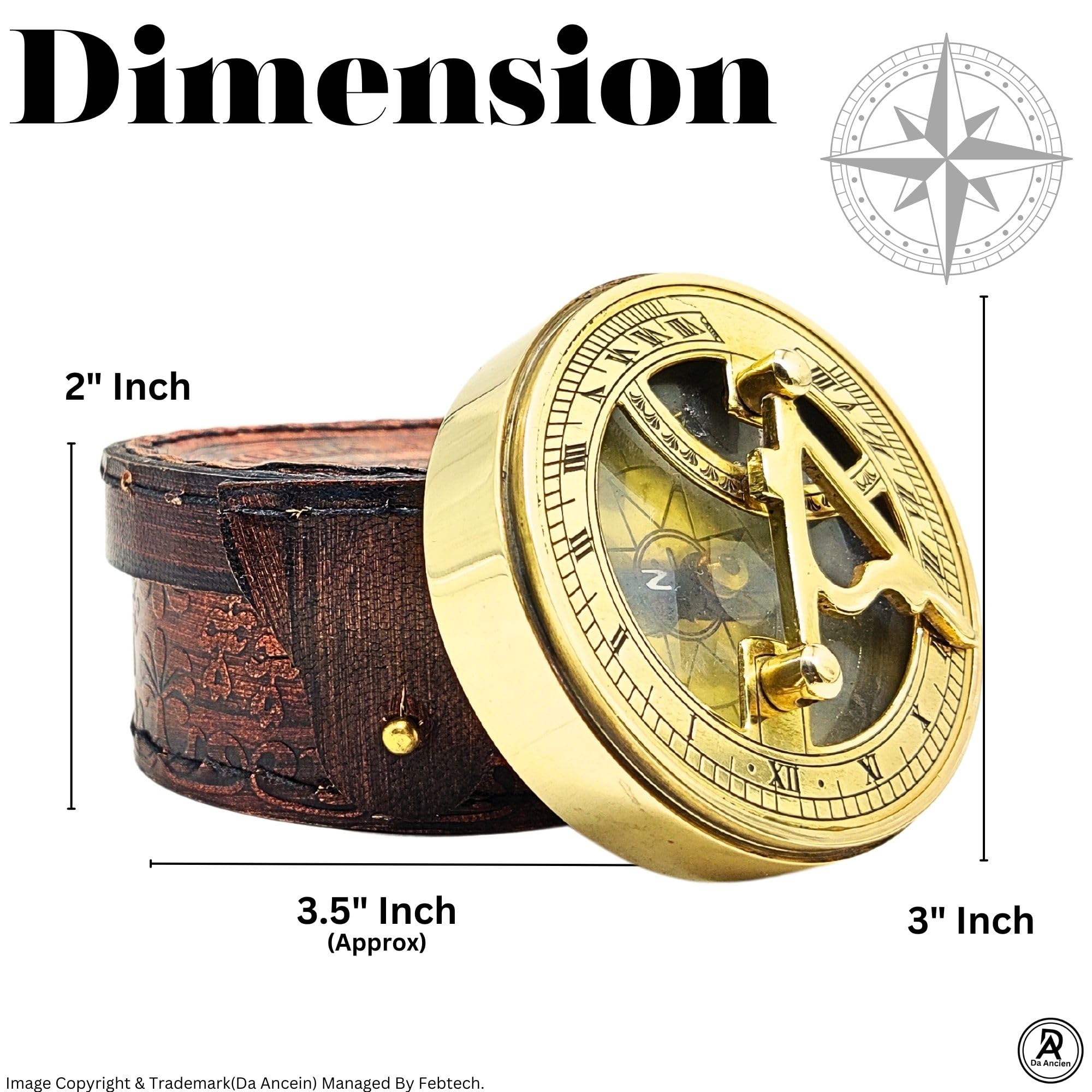 DA ANCEIN Antique Brass Sundial Compass with Leather Box - Vintage Nautical Navigation Tool by 3 inches