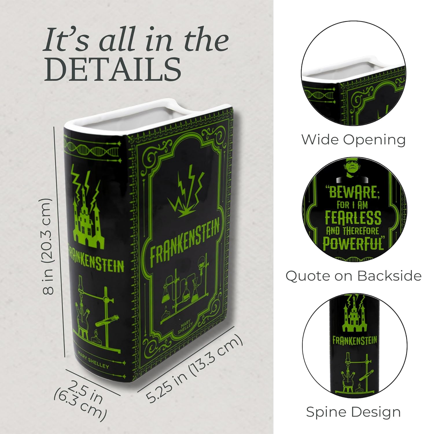 Steel Mill & Co Original Large Book-Shaped Decorative Vase, Ceramic Vases for Home Decor, Gothic Bookshelf Decor, Unique Vase for Book Lovers (Frankenstein) - Image 7