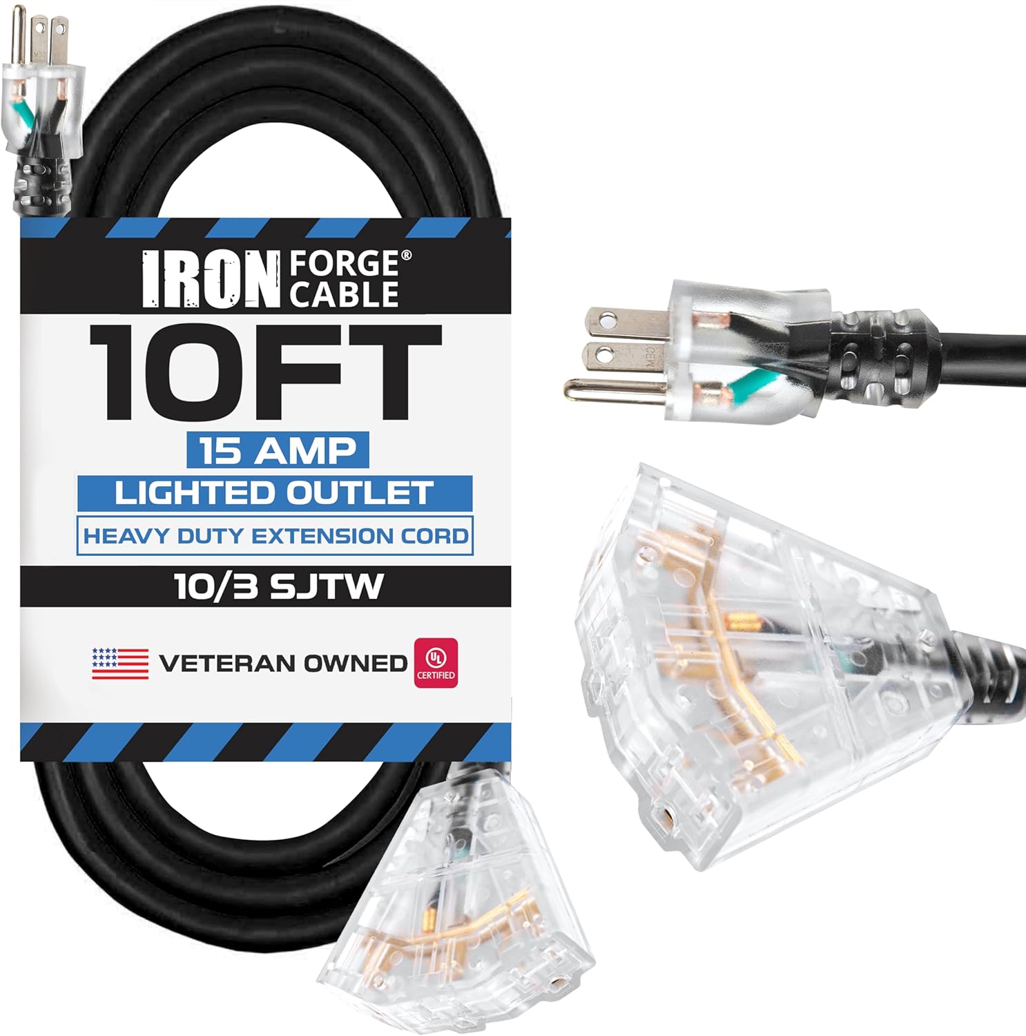 Iron Forge Cable 10 Gauge 10ft Lighted Outdoor Heavy Duty Extension Cord with 3 Outlets - 15 Amp 10/3 SJTW Black Extension Cord with Multiple Outlets
