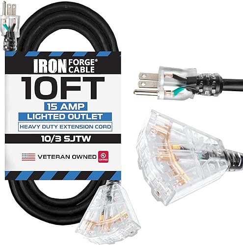 Miniatura 56 de Iron Forge Cable Cable de extensión de calibre 10 de 10 pies para exteriores con 3 tomas de corriente, cable de extensión naranja SJTW de 15