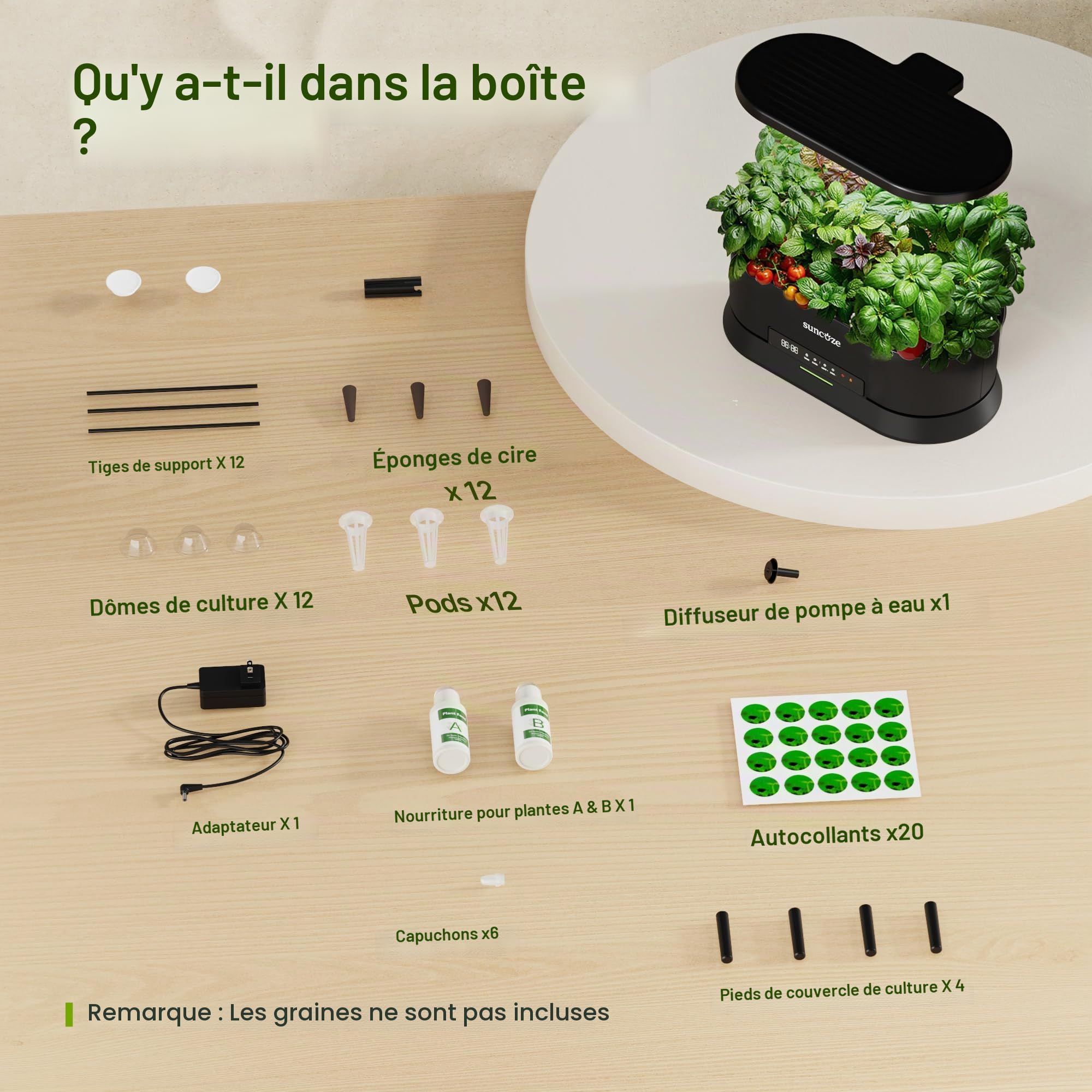 PEGZONE SUNCOZE Potager Hydroponique Amovible avec 12 Paniers, Noir | Jardin d'Intérieur avec Lampe LED 36W, Réservoir 5L, Hauteur Réglable jusqu'à 550 mm, Kit Hydroponique avec Minuterie