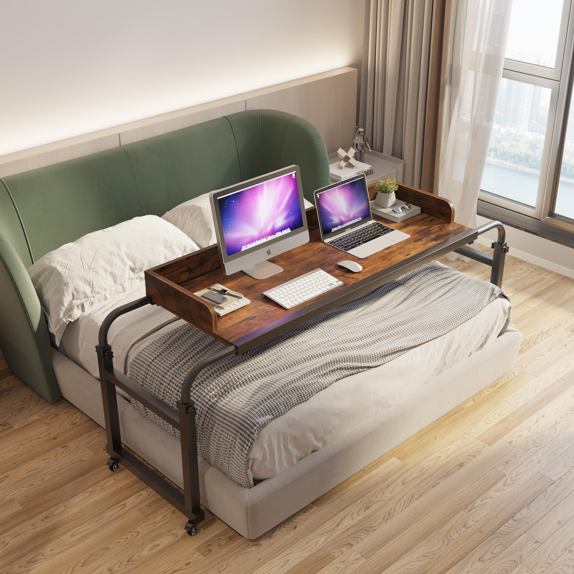 TigerDad Overbed Table with Wheels, Modern Style, Brown, 55.1-82.7x25.6x18.1 inches, 350lbs Weight Capacity