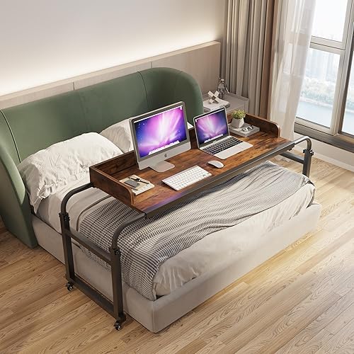 TigerDad Mesa de cama con ruedas, estilo moderno, marrón, 55.1-82.7x25.6x18.1 pulgadas, capacidad de peso de 350 libras