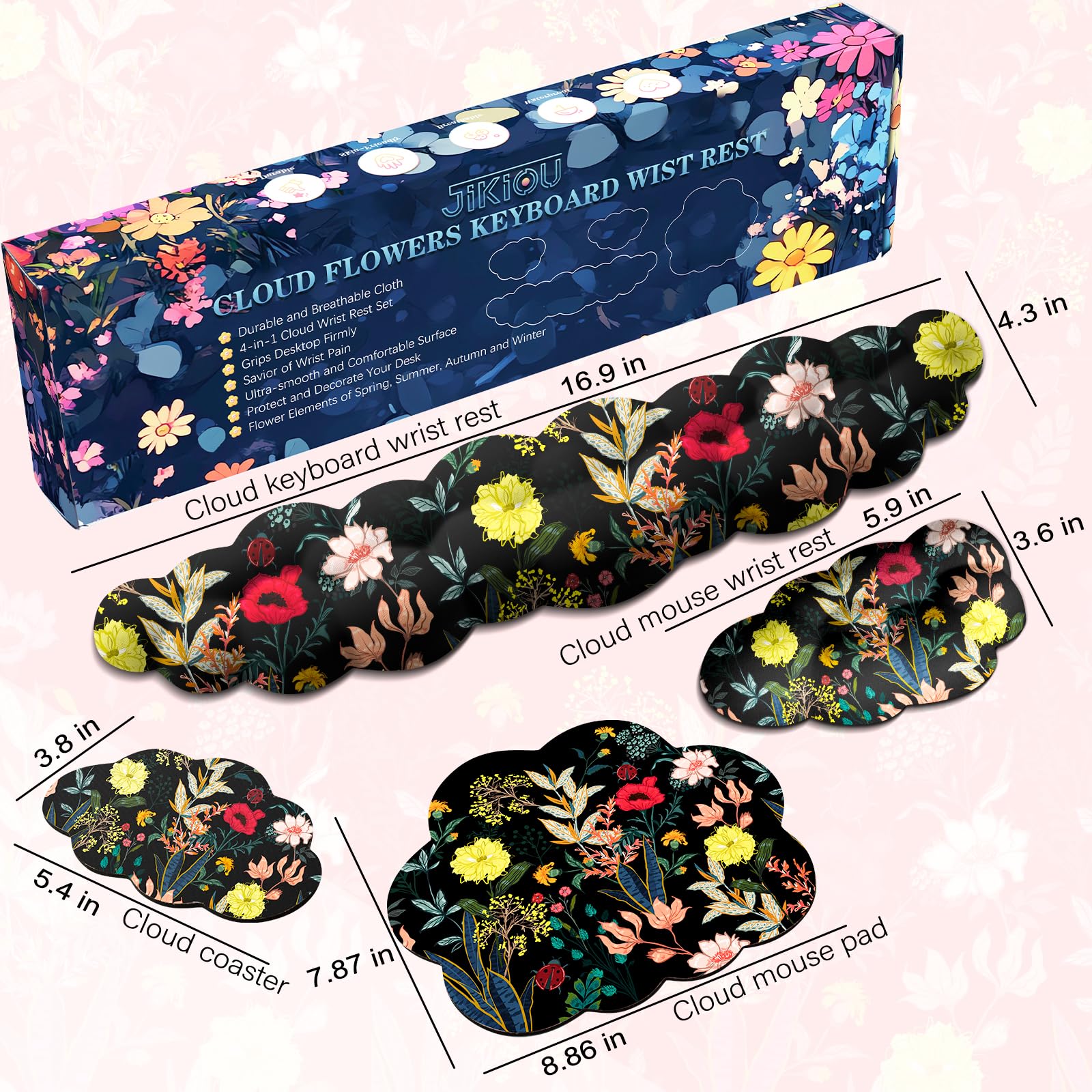 JIKIOU Ensemble de repose-poignet en tissu Lycra imperméable pour clavier avec motif de fleurs et nuage - Accoudoir mignon pour paume - Accessoires de bureau pour jeux sur PC, ordinateur de bureau