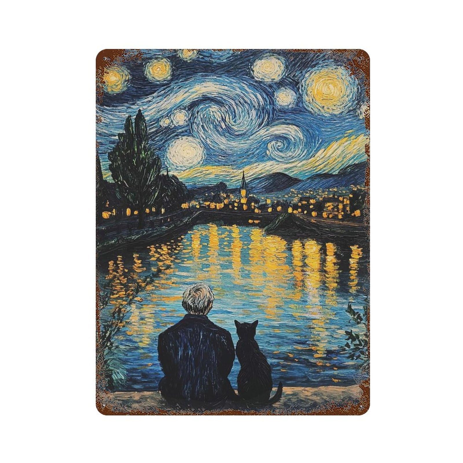 Garage Style Starry Night with Companion Aged Metal Wall Plaque 15.7"x11.8", Farmhouse Wall Decor for Bar And Workshop