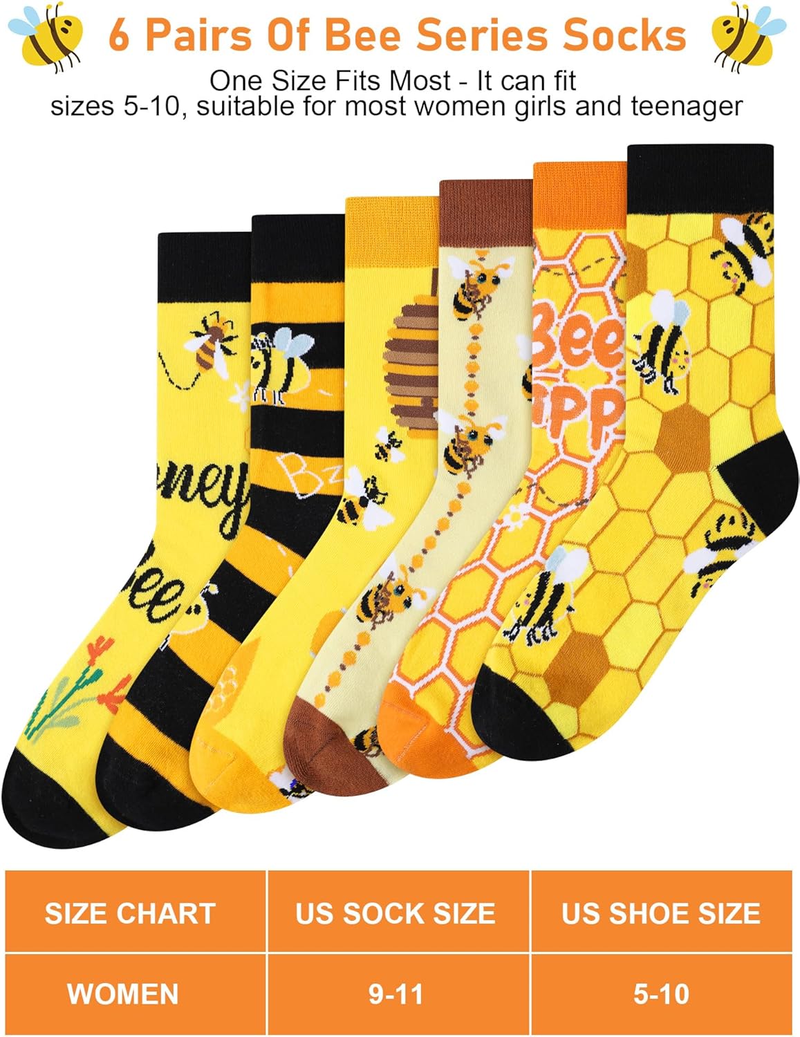 Hotop 6 Pairs Funny Bee Socks for Women Novelty Bee Cotton Crew Socks for Honeybee Lover Christmas Holiday Birthday Gifts - Image 2