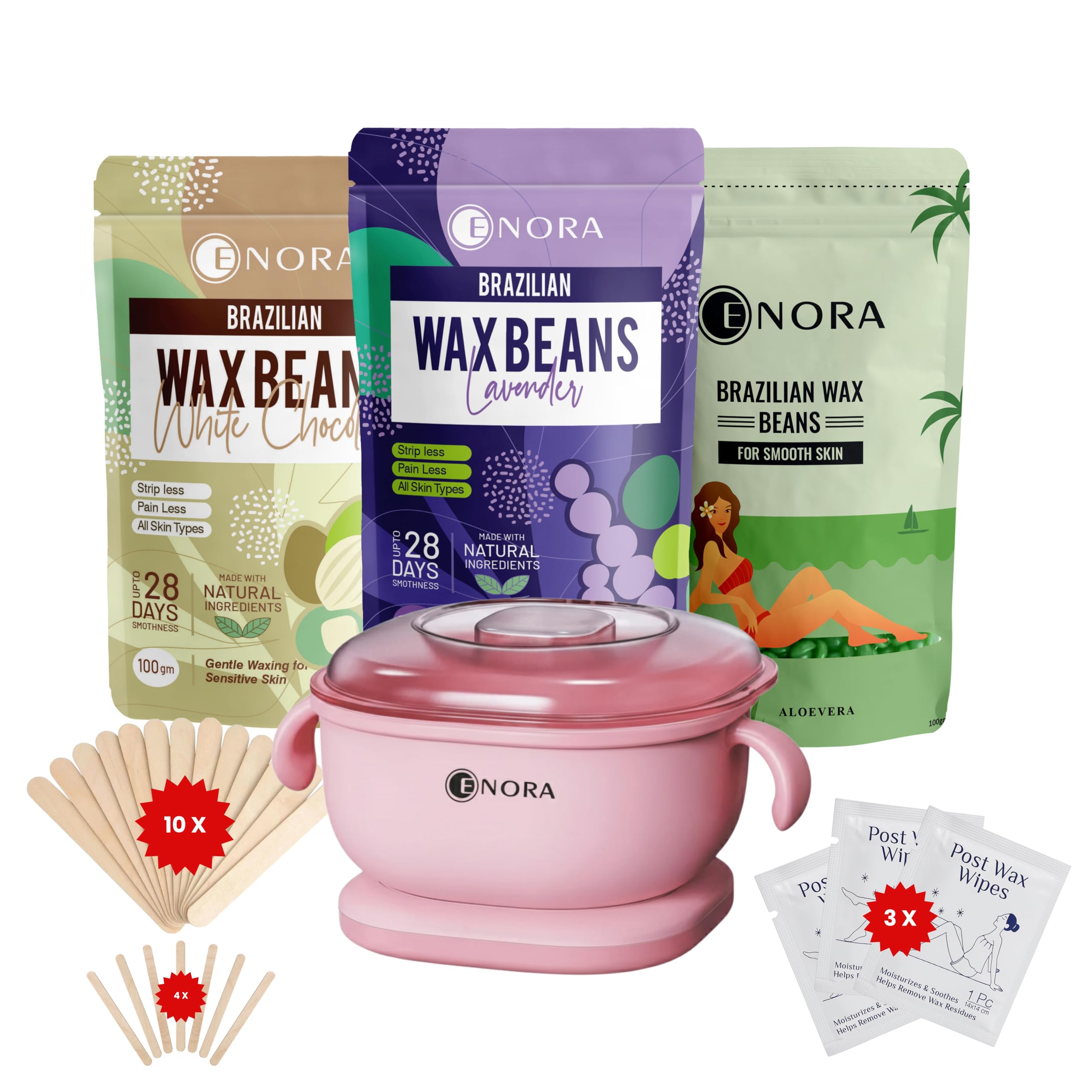 ENORA Premium Waxing Kit for Women - Silicone Wax Warmer for Hair Removal, Eyebrow, Bikini, Legs, Face, Brazilian Wax & More - Machine + 3-Pack Hard Wax Beads (100 g)+ Accessories, Pink