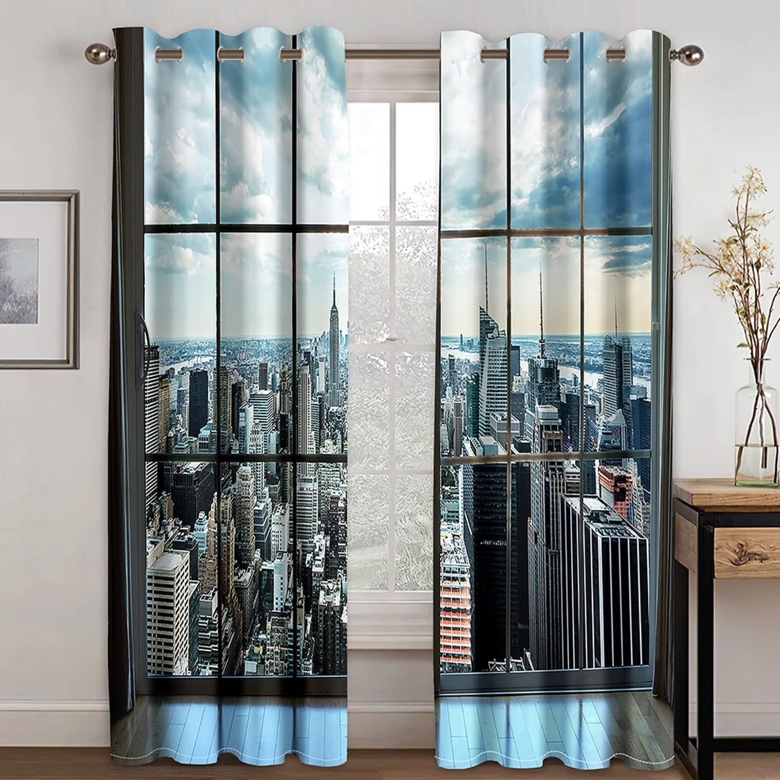 Nieprzezroczyste zasłony wewnętrzne, szare niebieskie zasłony okienne krajobraz budowlany miasto poliester 2 panele 264 x 183 cm