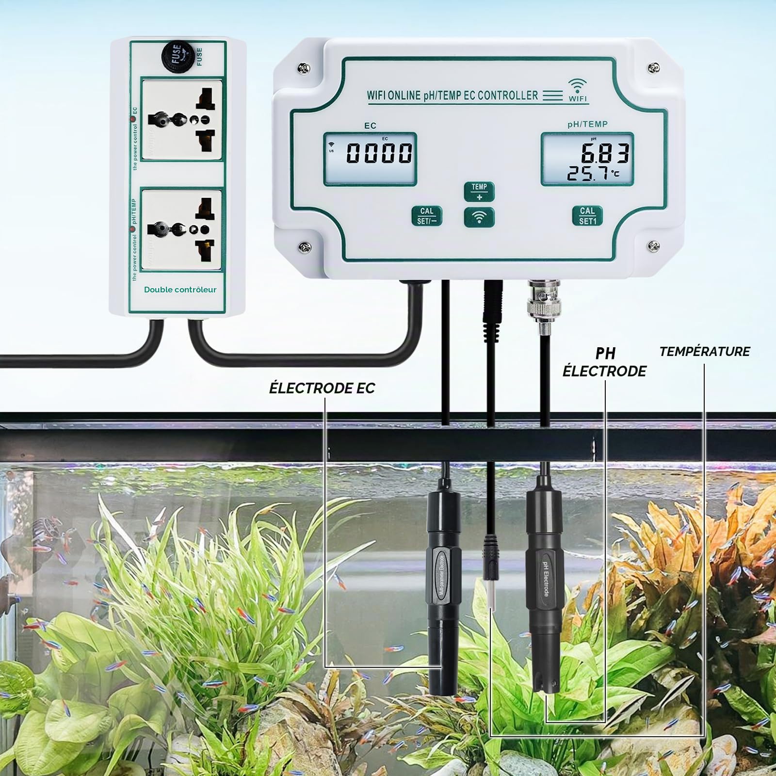 Testeur de Qualité d'Eau Intelligent WiFi pH, EC et température Testeur de surveillance en ligne continue avec écran LCD, alertes App, données en temps réel pour l'hydroponie, les aquariums