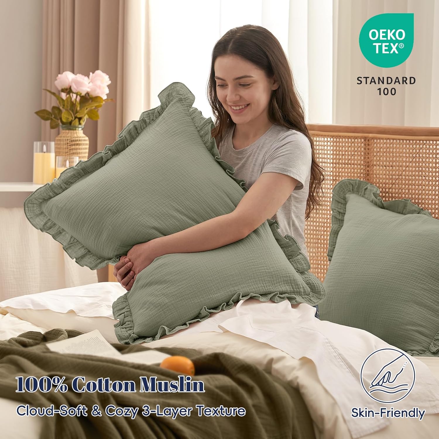 PHF Cotton Muslin Euro Sham Pillow Covers with Ruffle, 2 Pack 3-Layer Gauze 26x26 Pillow Covers, No Filling, Ultra Soft Breathable Euro Shams for Vintage Decor, Dusty Sage