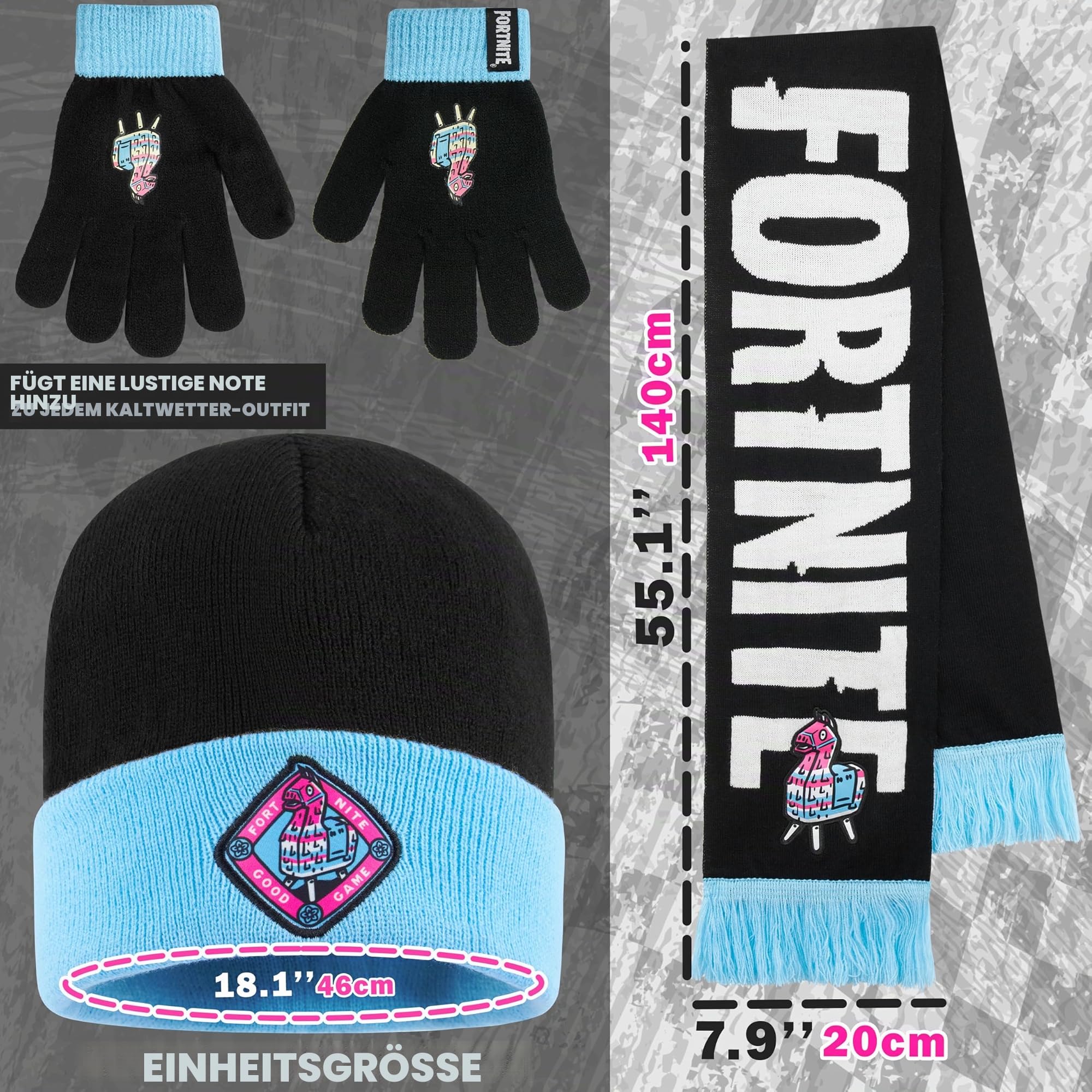 Fortnite Mütze Kinder Handschuhe Schal Set, 3-in-1 Beanie Jungen, Weich & Warm, Lizenziert, Gamer Geschenke für Jungs