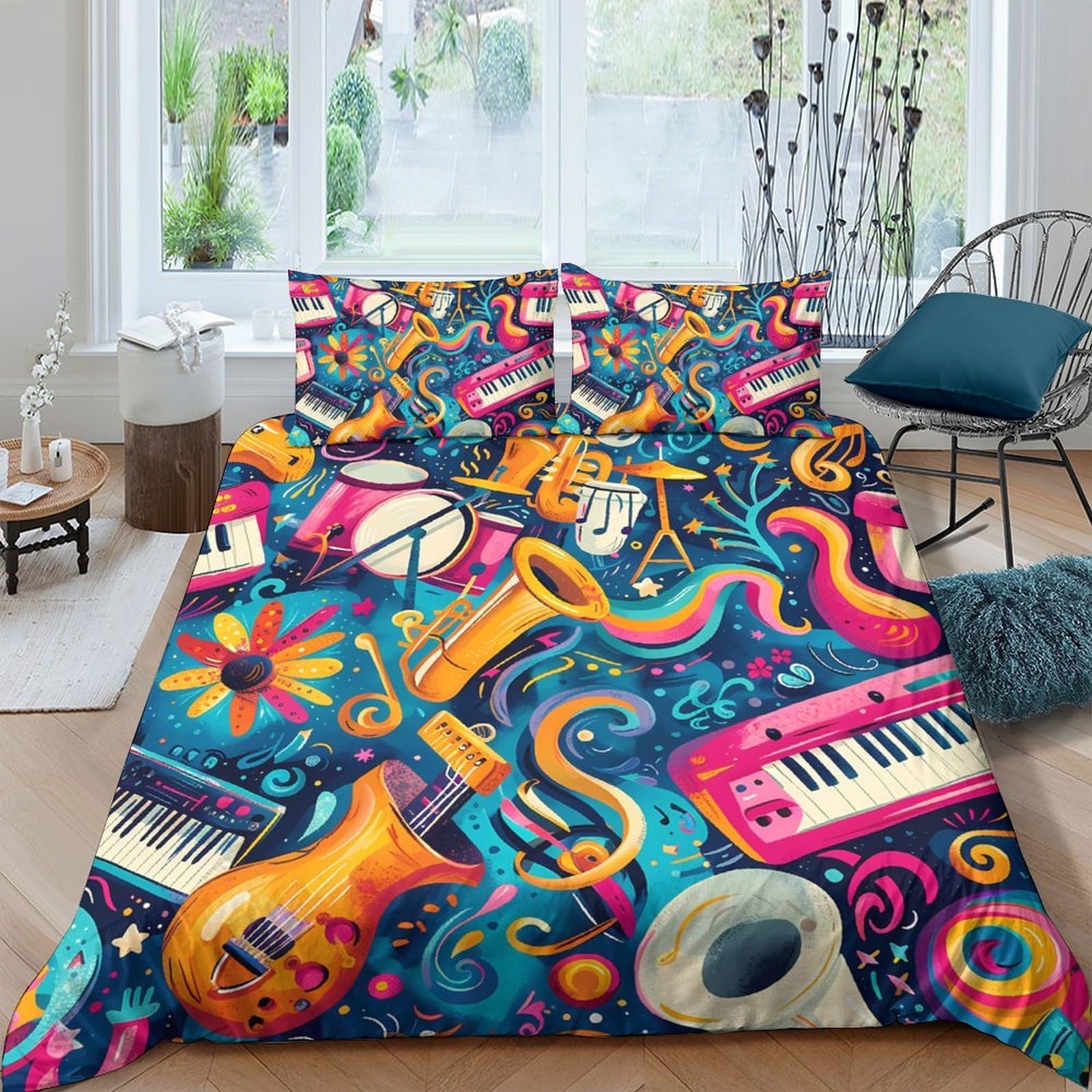 Ctjqhvkz Style-1 3D Printed Colorful Music Fitted Sheet Microfiber Soft Instrument Bed Sheet Vibrant Band Bedroom Decor Mattress Protection Single（135X200cm）