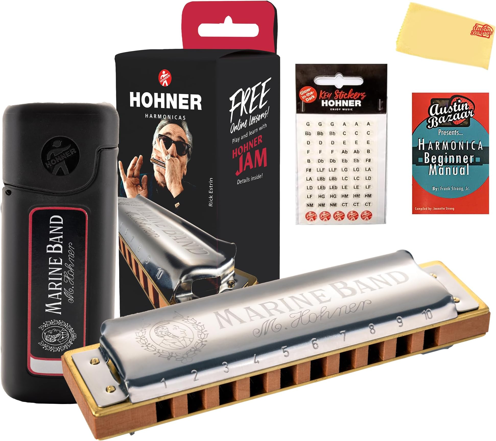 Hohner Marine Band 1896 Harmonica - Key of G Bundle with Case, Key Stickers, Instructional Manual, and Austin Bazaar Polishing Cloth