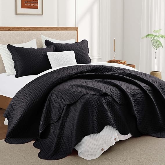 IR Imperial Rooms King Quilt Bedding Set Size (106" x 96") + 2 Pillow Shams (20" x 36"+ 2") - 3 Pcs All Season Lightweight Reversible Microfiber Coverlet Embossed Quilt Bedspread (Black)