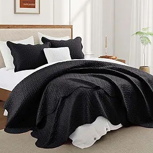 IR Imperial Rooms King Quilt Bedding Set Size (106" x 96") + 2 Pillow Shams (20" x 36"+ 2") - 3 Pcs All Season Lightweight Reversible Microfiber Coverlet Embossed Quilt Bedspread (Black)